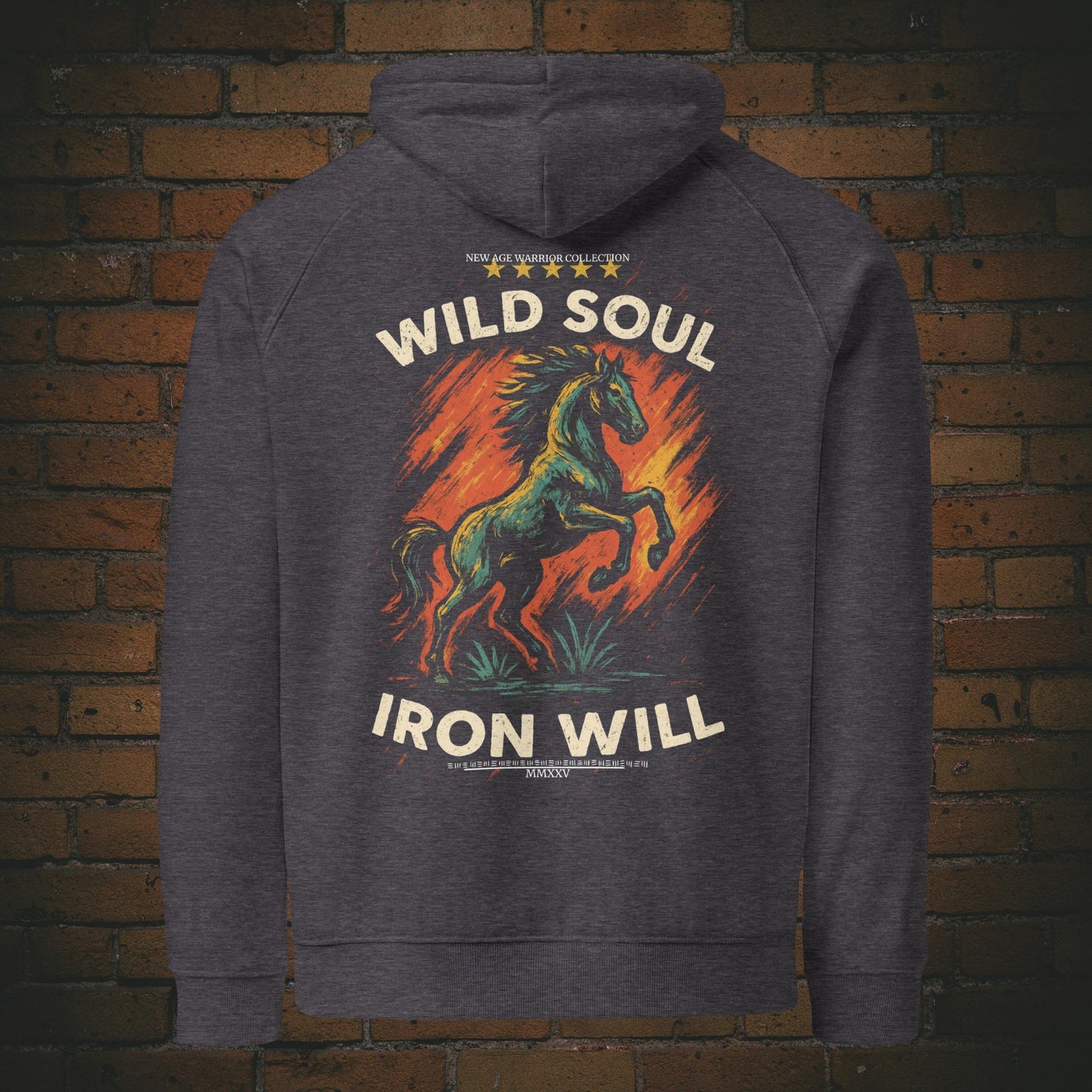 Kapuzenpullover mit Druck - Pferd, Flammen und Spruch - Hoodie Farbe: grau