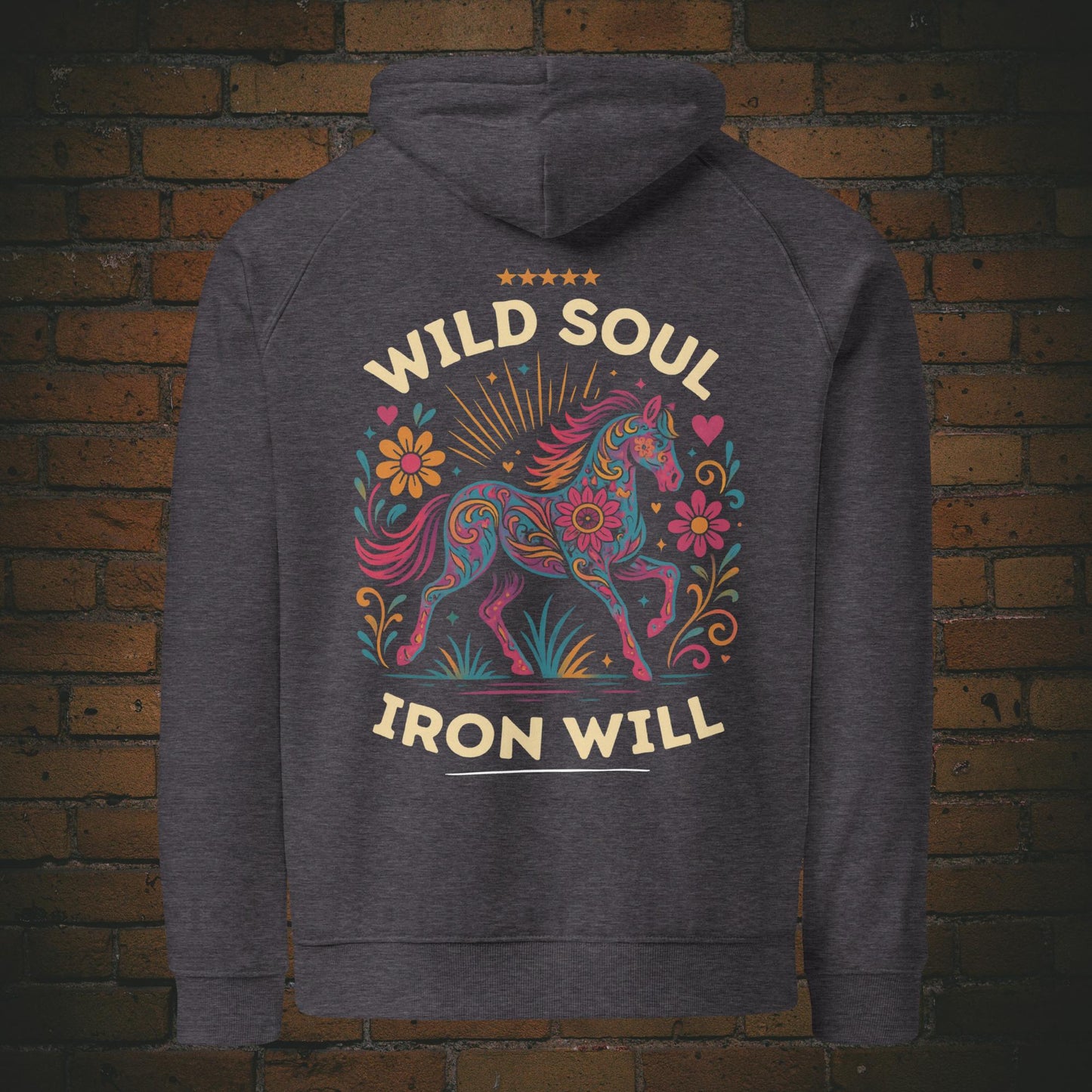 Wild Soul Iron Will – Hippie Pferd Bio Hoodie Unisex in der Farbe grau - Druck auf der Rückseite