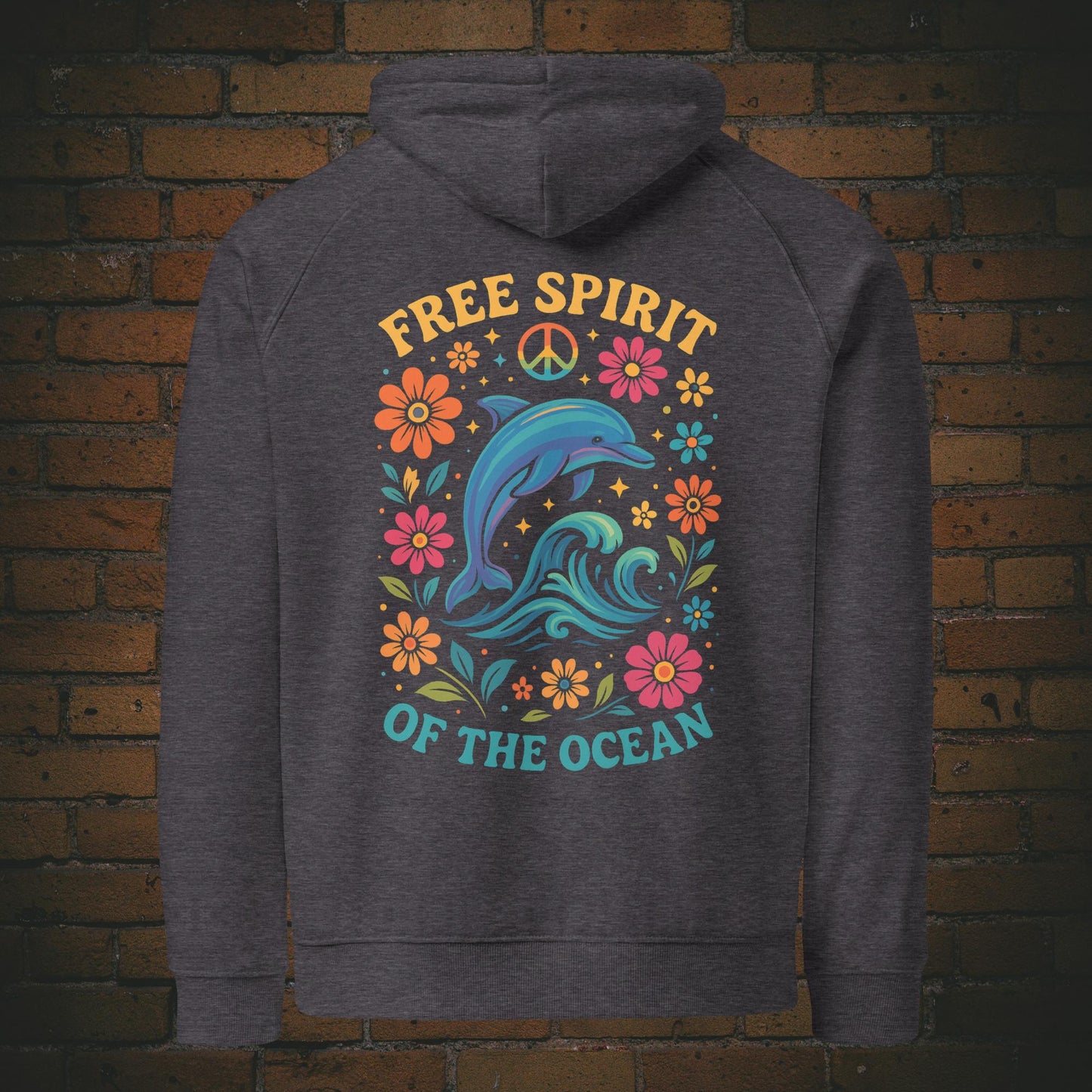 Free Spirit of the Ocean – Bunter Delfin Flower Power Bio Hoodie Unisex - Druck auf dem Rücken - Kapuzenpullover in der Farbe: grau