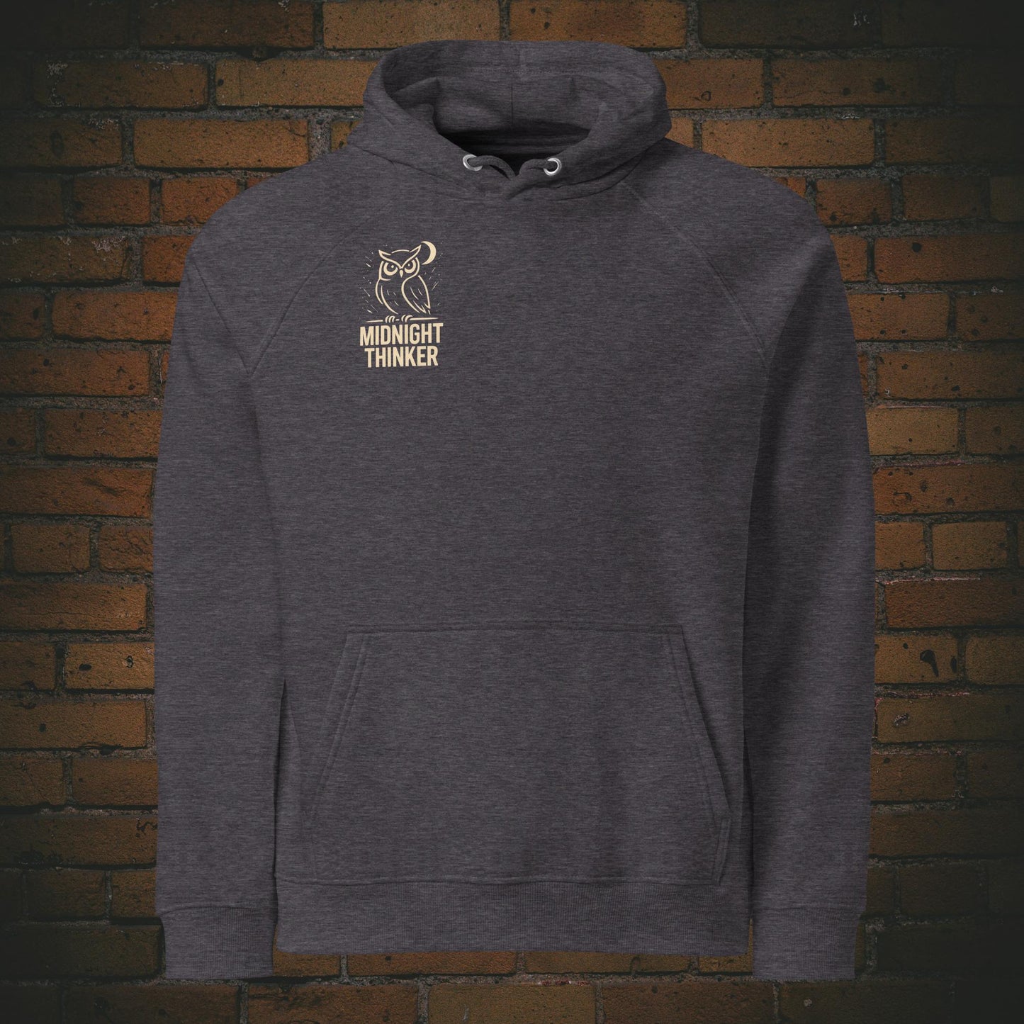 Midnight Thinker Hoodie – Eule Design Bio Baumwolle Unisex - Druck auf der Brust - Kapuzenpullover in dunkelgrau