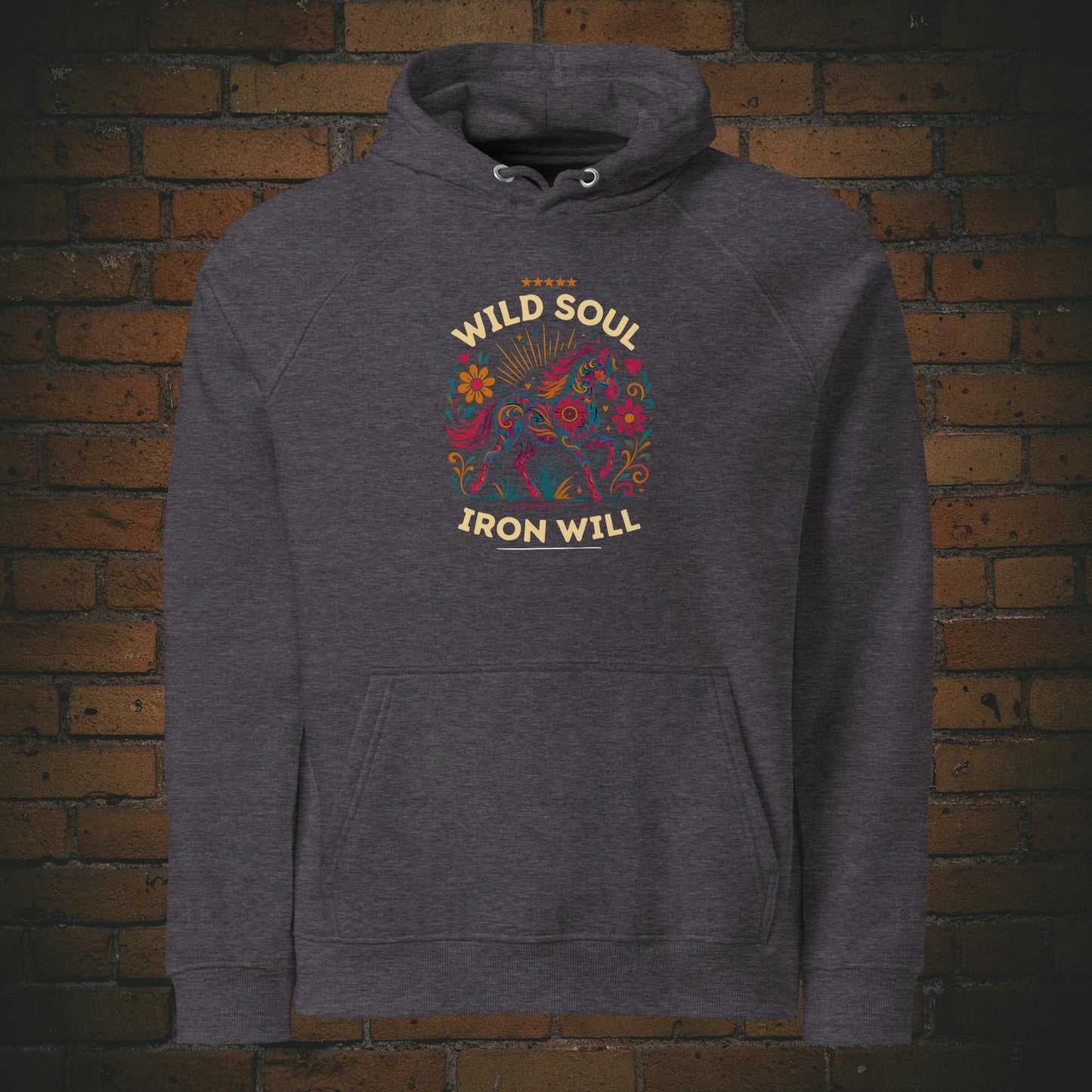 Wild Soul Iron Will – Hippie Pferd Bio Hoodie Unisex in der Farbe grau - Druck auf der Vorderseite