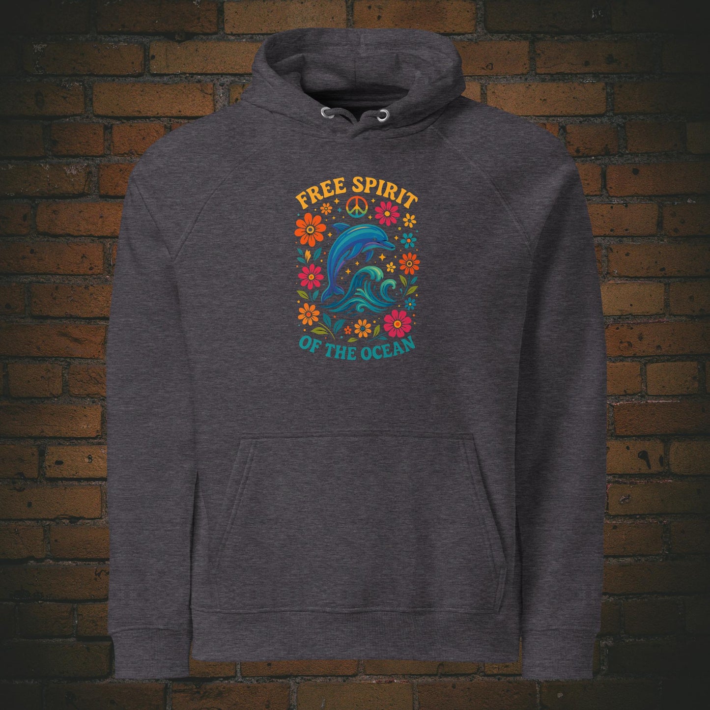 Free Spirit of the Ocean – Bunter Delfin Flower Power Bio Hoodie Unisex - Druck auf der Brust - Kapuzenpullover in der Farbe: grau