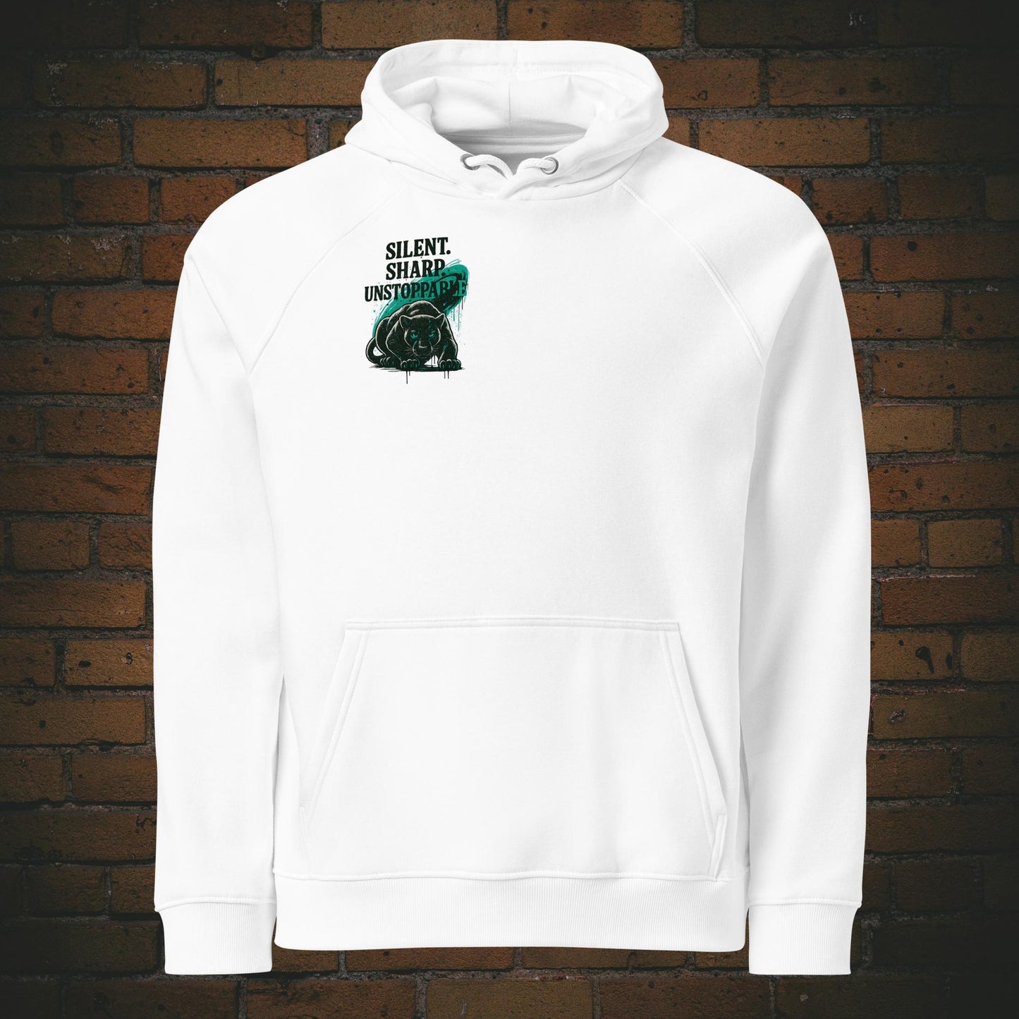 Silent Sharp Unstoppable Hoodie – Panther Bio Unisex - Druck auf der Brust - Kapuzenpullover in der Farbe weiß