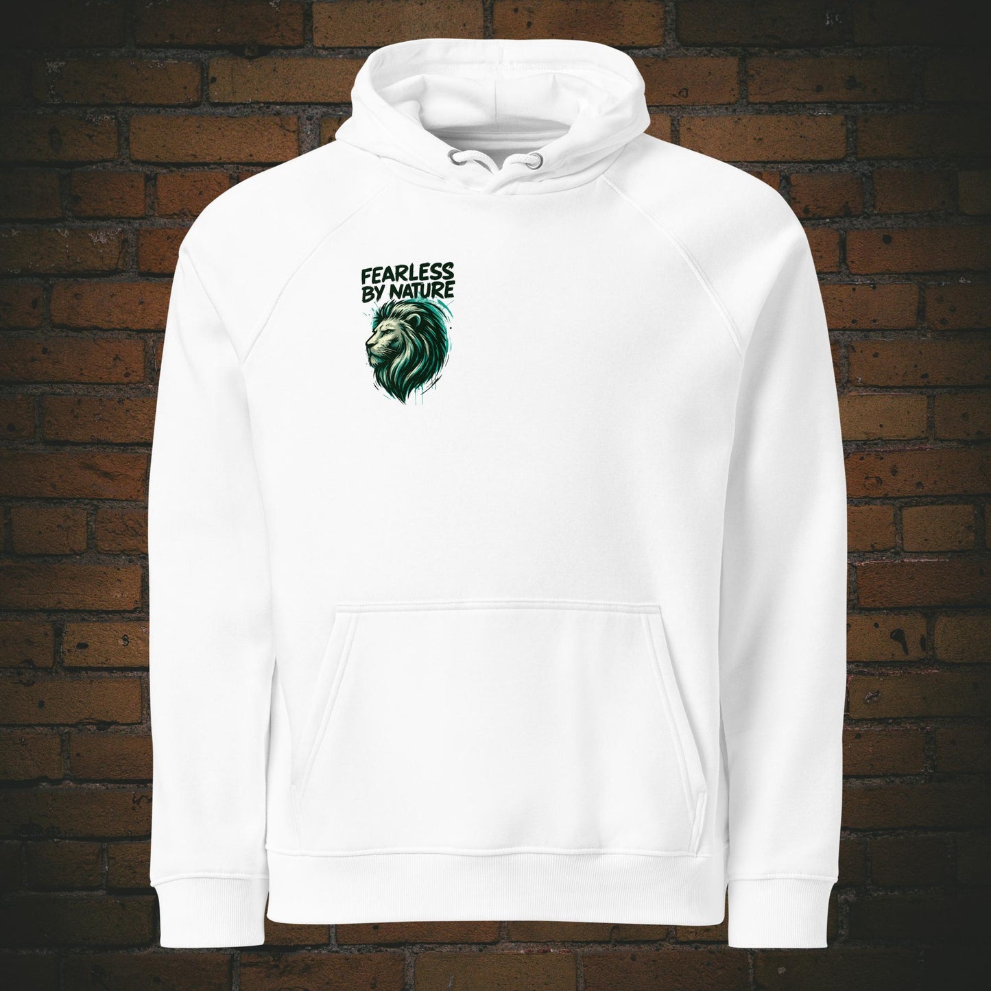 Hoodie Brust bedruckt mit dem Löwenkopf und Zitat - Bestellbar in weiss