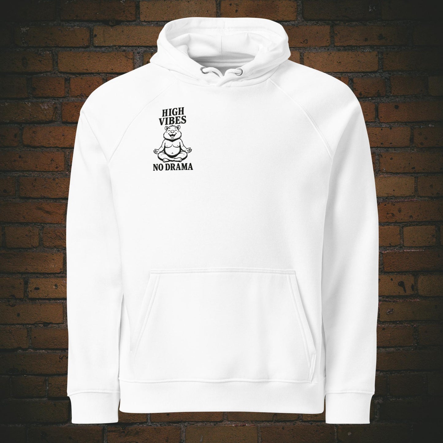 Kapuzenpullover mit meditierenden Bär in schwarz - Minimalistisches Design auf weißer Bio-Bamwolle gedruckt - Brust