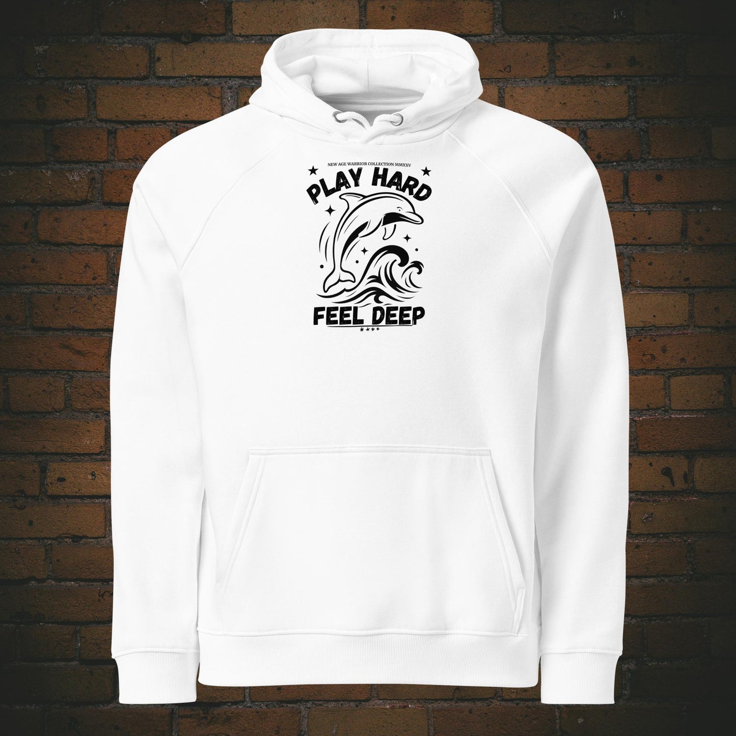 Delfin Krafttier Hoodie – Minimalistischer Bio Hoodie Unisex Design in Schwarz - Druck auf der Brust - Weiße Baumwolle