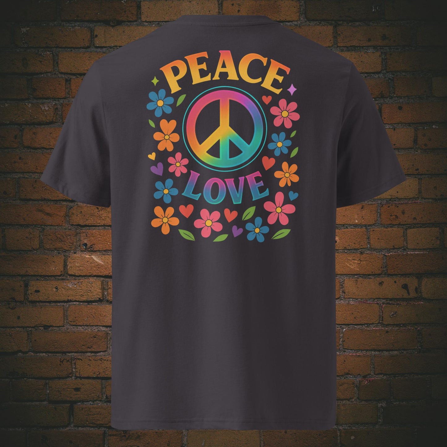 T-Shirts mit buntem Peace-Zeichen und „Peace Love“-Spruch, umgeben von Blumen und Herzen im Hippie-Stil, Front- und Rückenansicht in Anthrazit