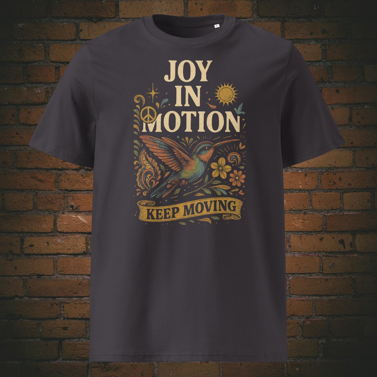 Bunter Kolibri im Flower Power Stil auf T-Shirt in der Farbe: anthrazit