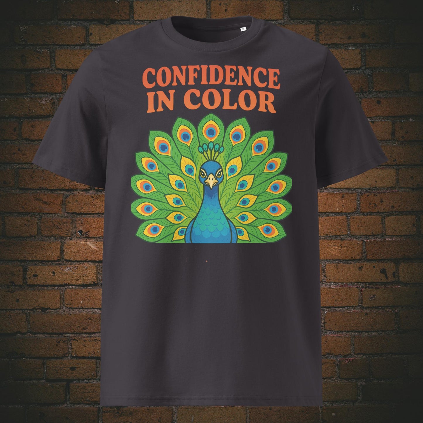 Hippie Pfau Bio-T-Shirt – Confidence in Color Design, bunte Federn - Shirt in der Farbe: anthrazit