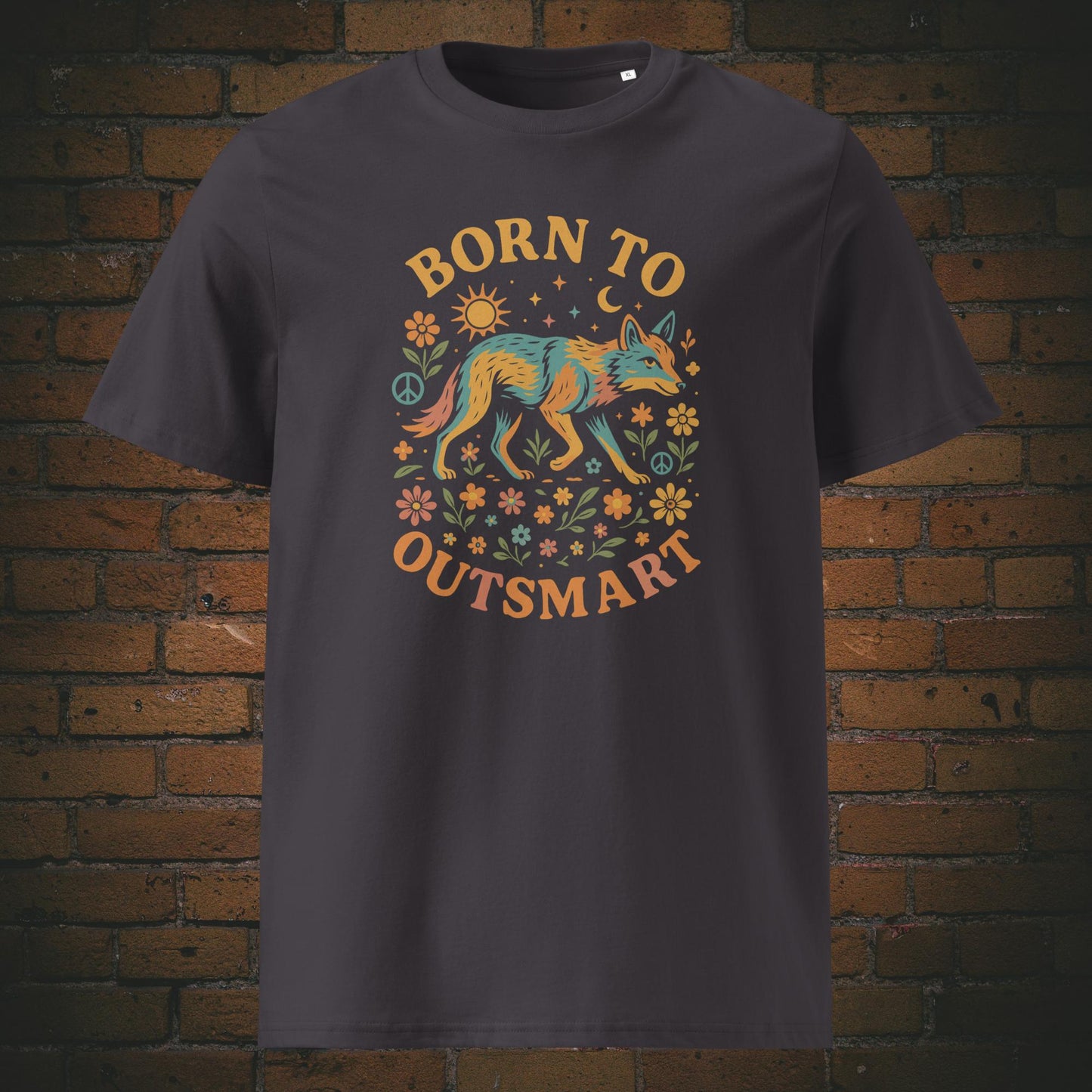 Hippie Shirt mit Coyoten und Spruch - gedruckt auf anthraziten Baumwoll T-Shirt