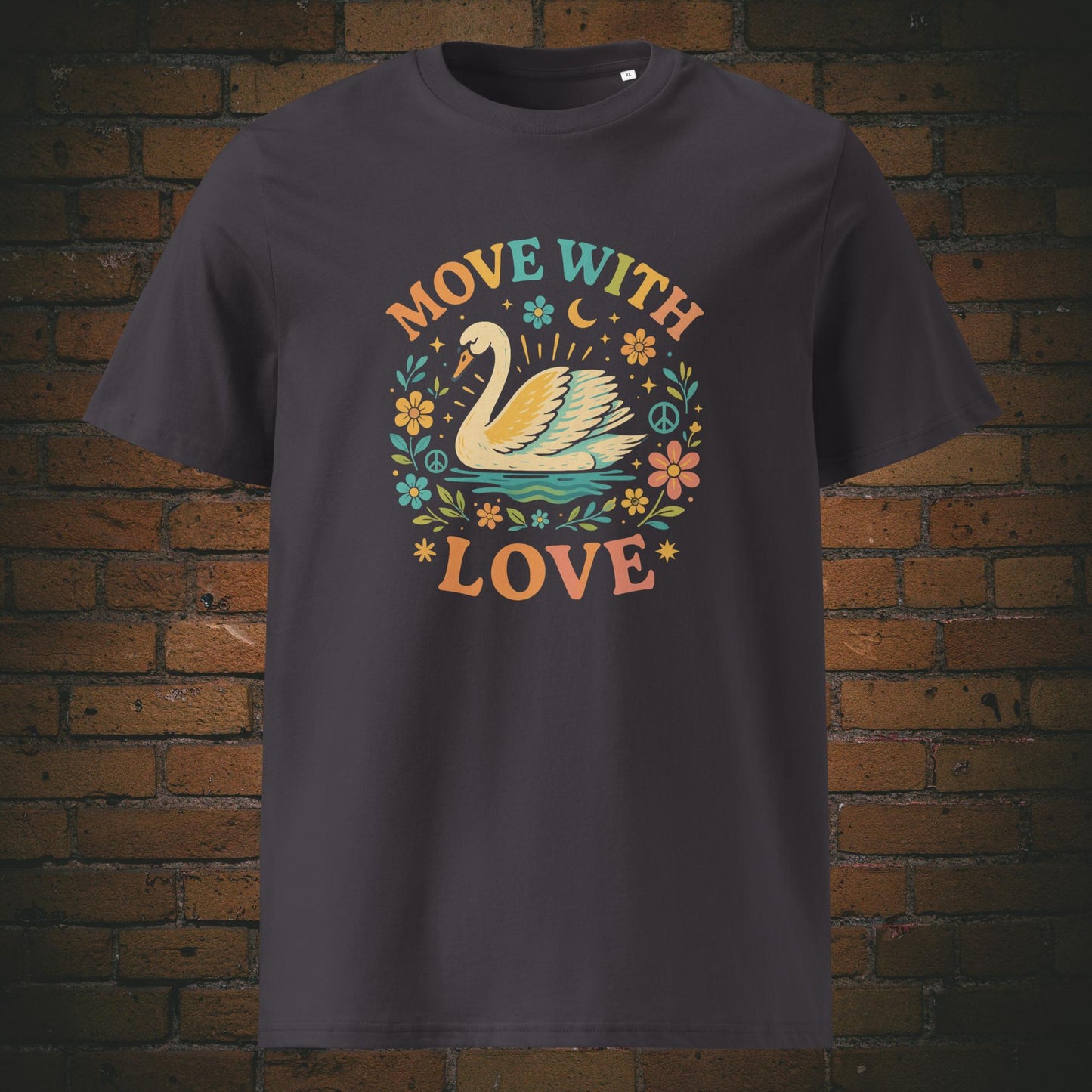 Hippie Shirt - Schwan mit Blumen und Spruch - T-Shirt hat die Farbe: anthrazit