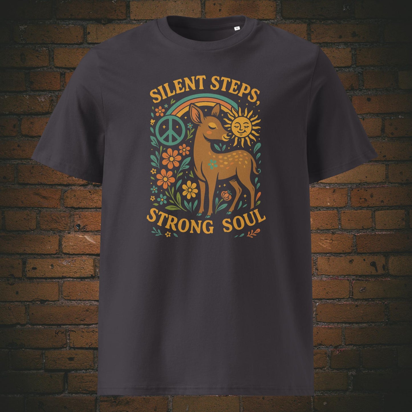 T-Shirt für Hippies mit dem Krafttier Reh, Blumen, Sonne und dem Peace Zeichen mit Spruch - gedruckt auf anthrazit