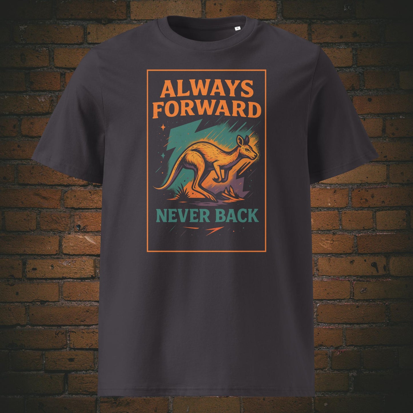 Urban Shirt mit Känguru und Spruch - helle Farben gedruckt auf anthraziten T-Shirt