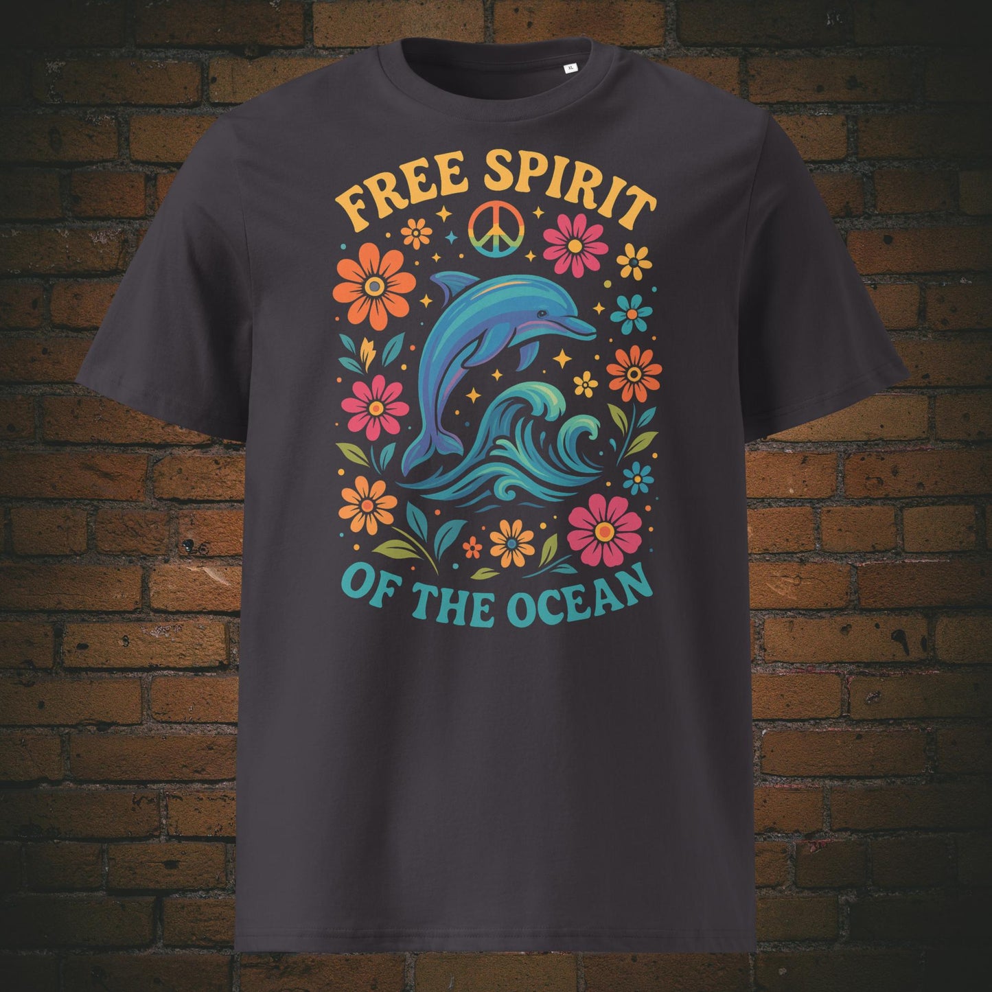 Free Spirit of the Ocean – Buntes Delfin Flower Power Bio T-Shirt Unisex - gedruckt auf Baumwolle in der Farbe: anthrazit