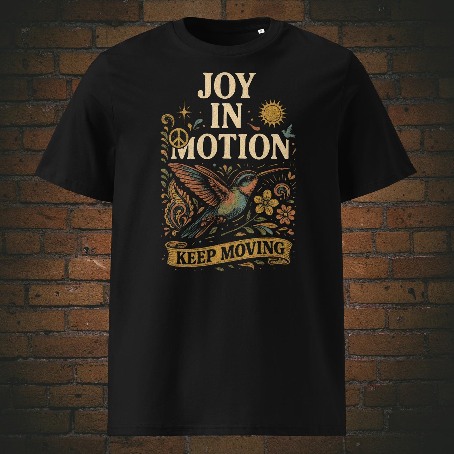 Bunter Kolibri im Flower Power Stil auf T-Shirt in der Farbe: schwarz