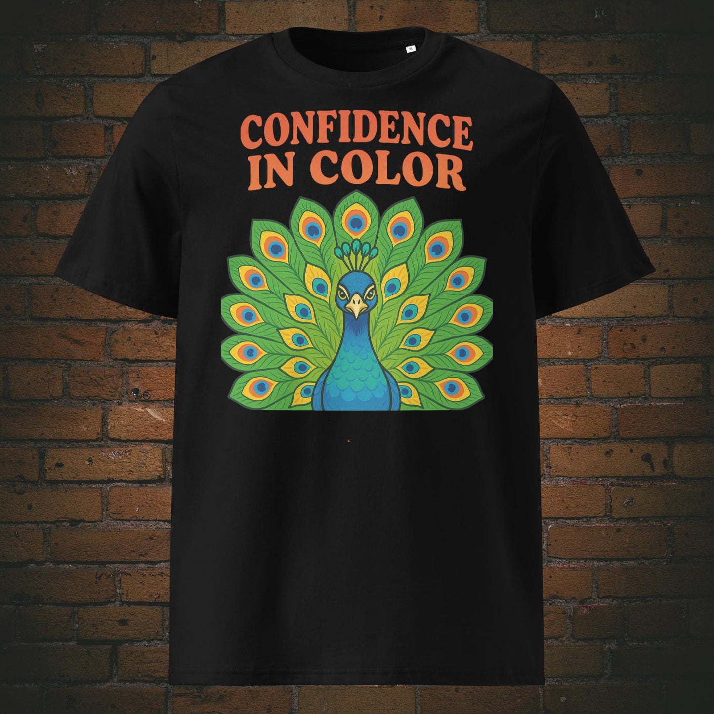Hippie Pfau Bio-T-Shirt – Confidence in Color Design, bunte Federn - Shirt in der Farbe: schwarz