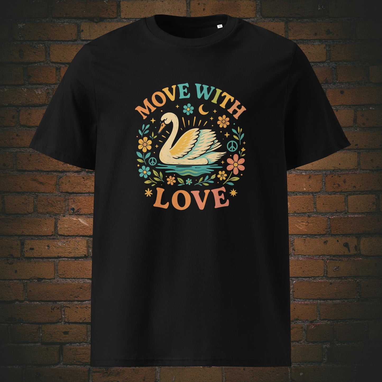 Hippie Shirt - Schwan mit Blumen und Spruch - T-Shirt hat die Farbe: schwarz