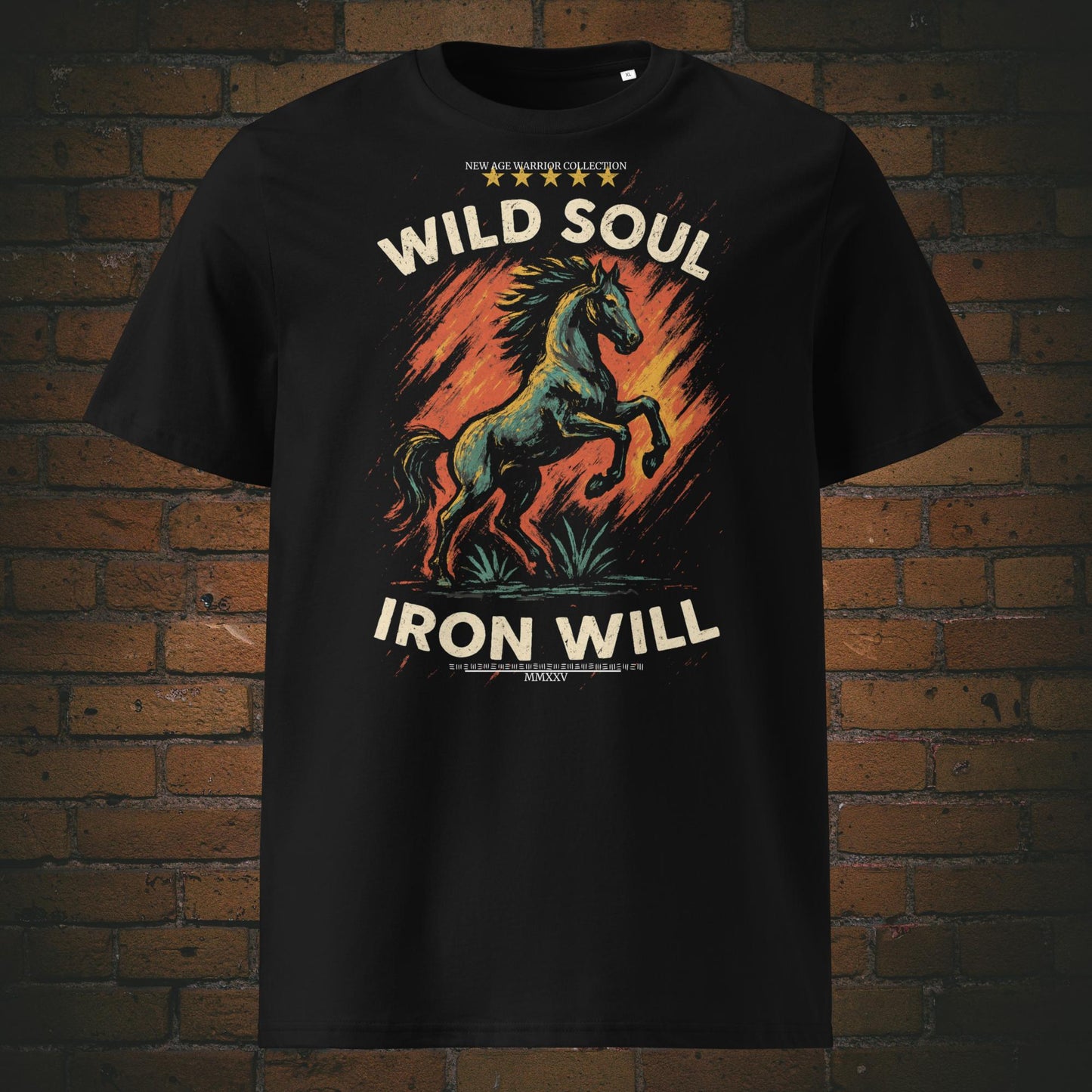 T-Shirt mit Pferd und Spruch im Stil Street Art - Druck auf schwarzer Bio Baumwolle