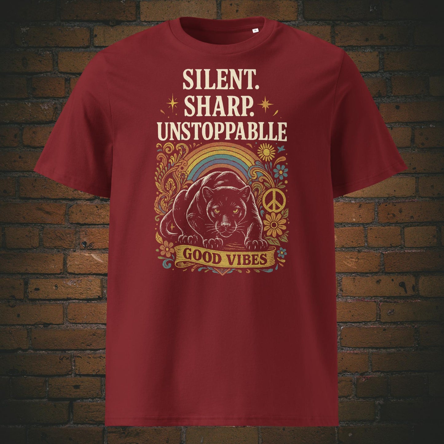 Shirt mit Panther und bunten Zeichnungen - Hippie T-Shirt in der Farbe: weinrot