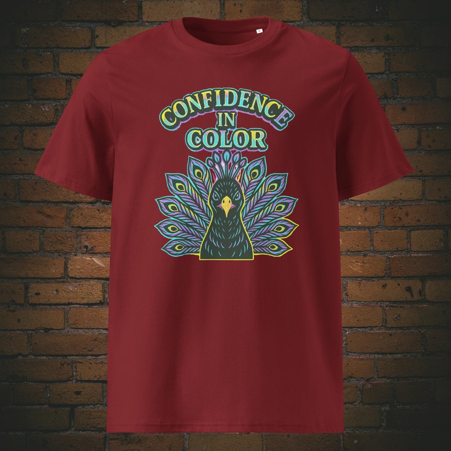 Urban Pfau Bio-T-Shirt – Confidence in Color Motiv, knallige Farben - Shirtfarbe: weinrot