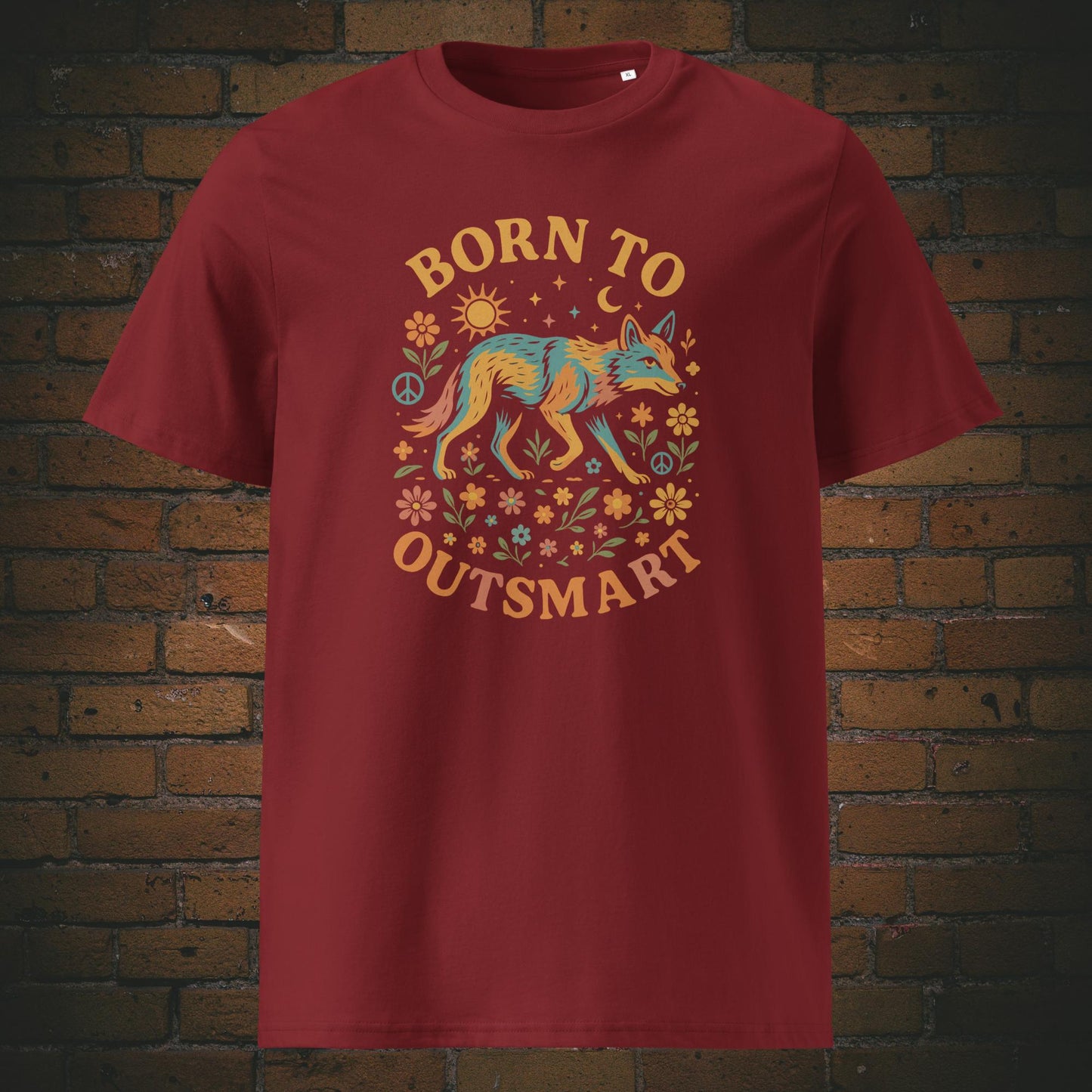 Hippie Shirt mit Coyoten und Spruch - gedruckt auf weinroten Baumwoll T-Shirt