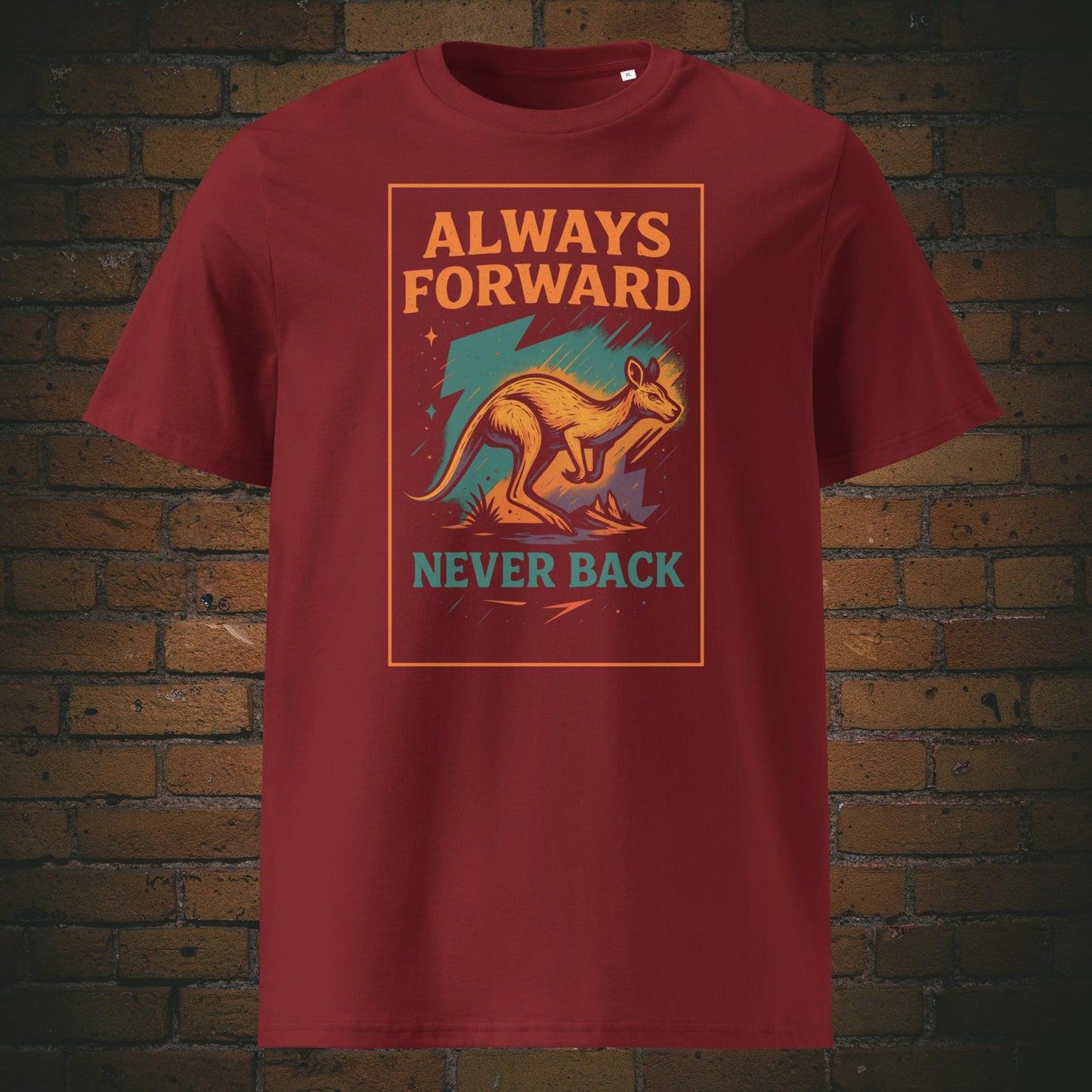 Urban Shirt mit Känguru und Spruch - helle Farben gedruckt auf weinroten T-Shirt