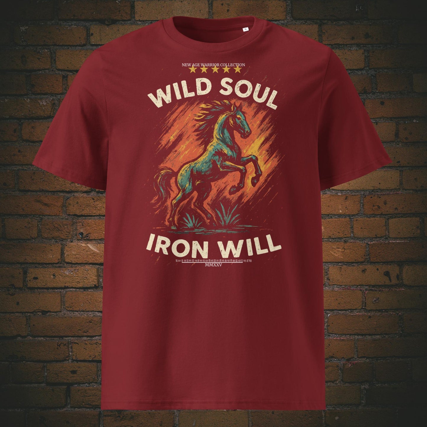 T-Shirt mit Pferd und Spruch im Stil Street Art - Druck auf weinroter Bio Baumwolle