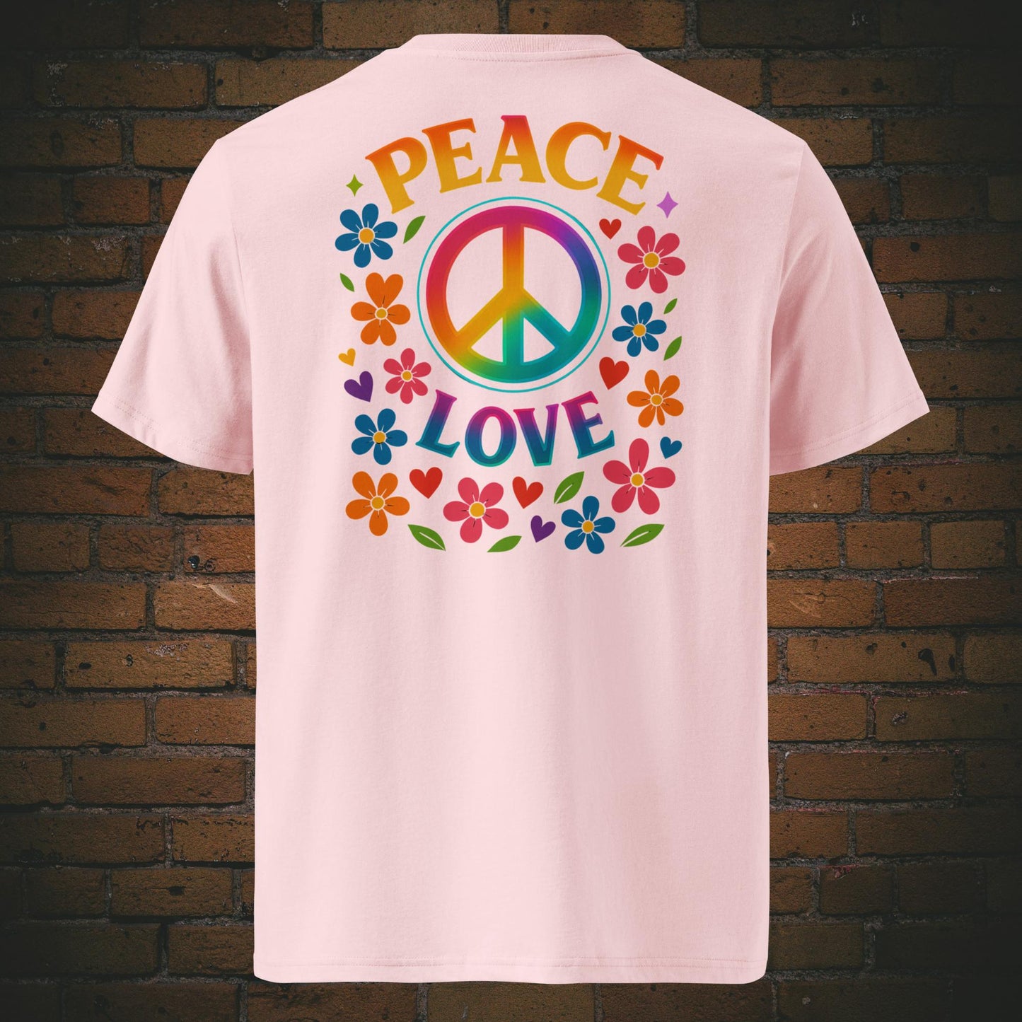 T-Shirts mit buntem Peace-Zeichen und „Peace Love“-Spruch, umgeben von Blumen und Herzen im Hippie-Stil, Front- und Rückenansicht in Baumwoll Rosa