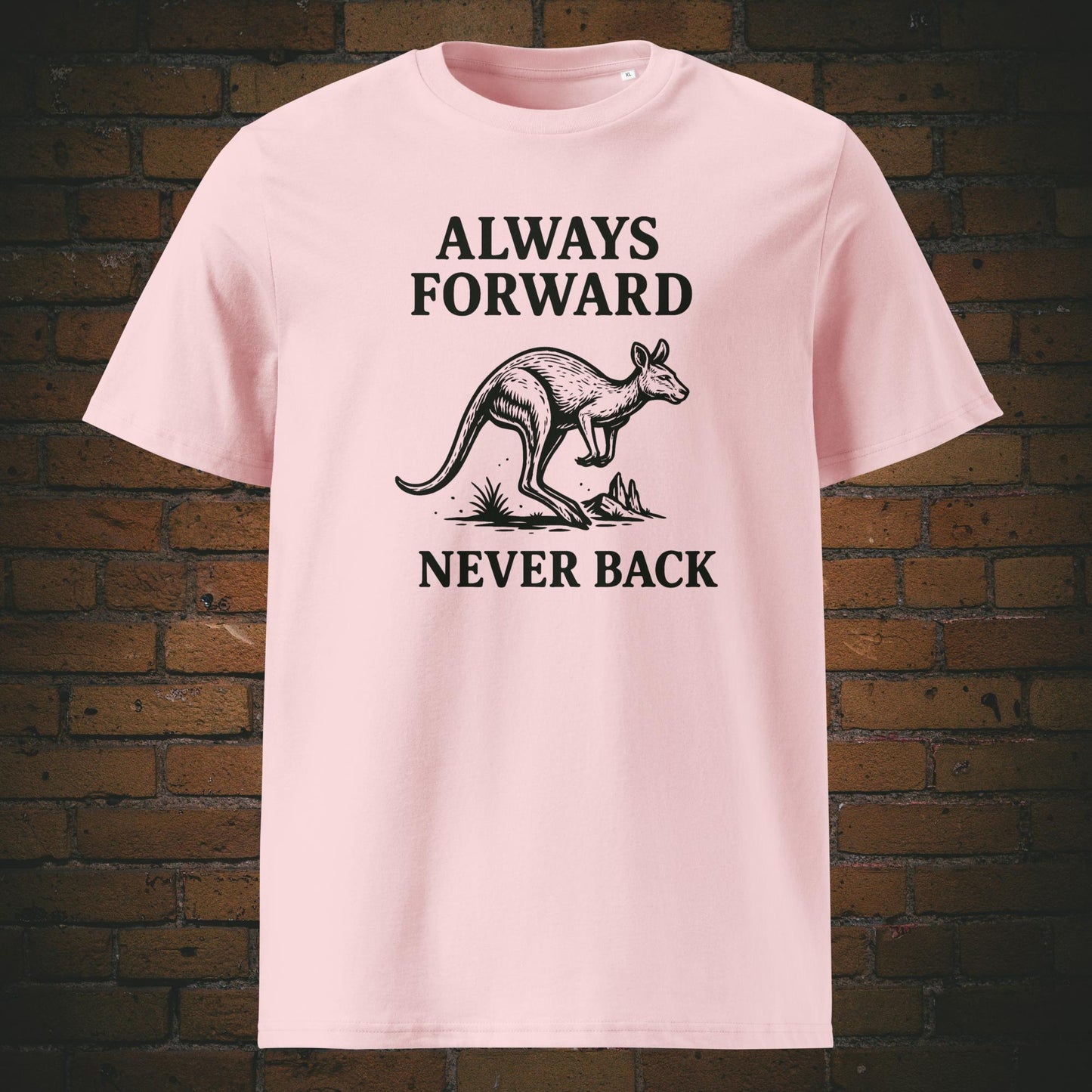 Krafttier Känguru T-Shirt mit Spruch gedruckt auf rosa Bio-Baumwolle
