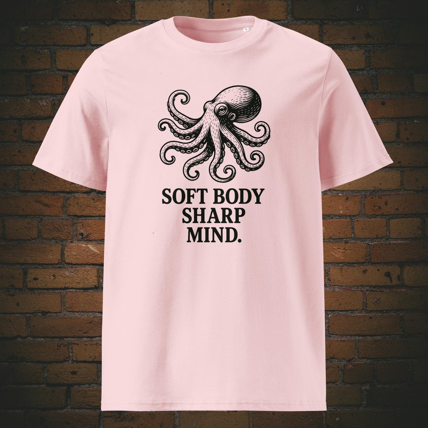 T-Shirt mit dem Krafttier Octopus Minimalistisch schwarz auf Baumwolle gedruckt Farbe rosa