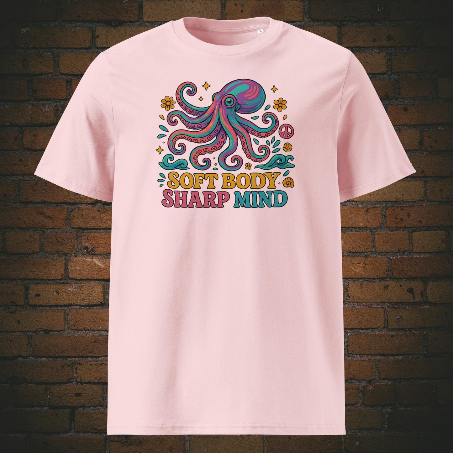 Buntes Octopus - Hippie Stil - Blumen und Schriftzug - Gedruckt auf T-Shirt in der Farbe: Rosa