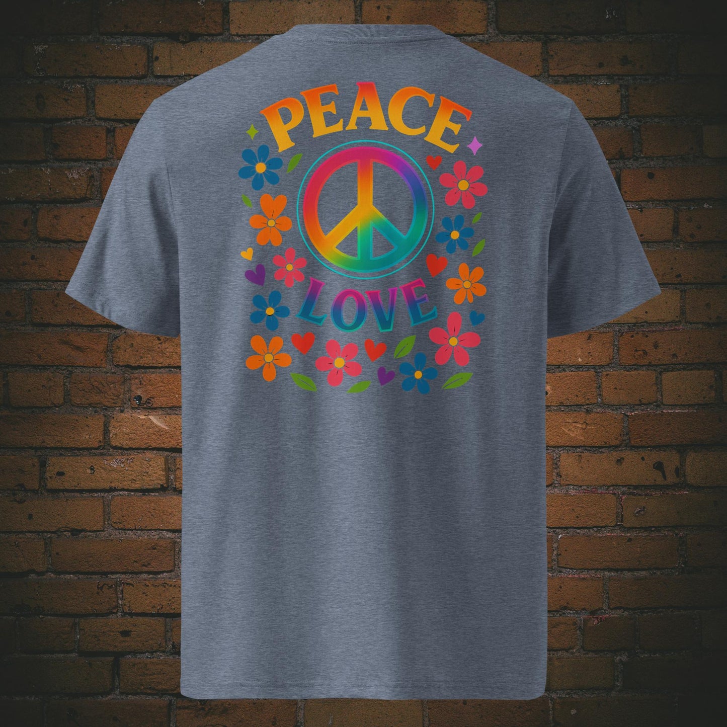 T-Shirts mit buntem Peace-Zeichen und „Peace Love“-Spruch, umgeben von Blumen und Herzen im Hippie-Stil, Front- und Rückenansicht in Blaugrau