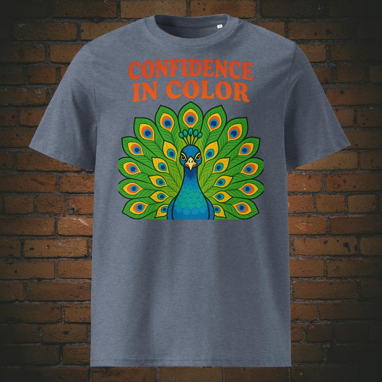 Hippie Pfau Bio-T-Shirt – Confidence in Color Design, bunte Federn - Shirt in der Farbe: grau blau