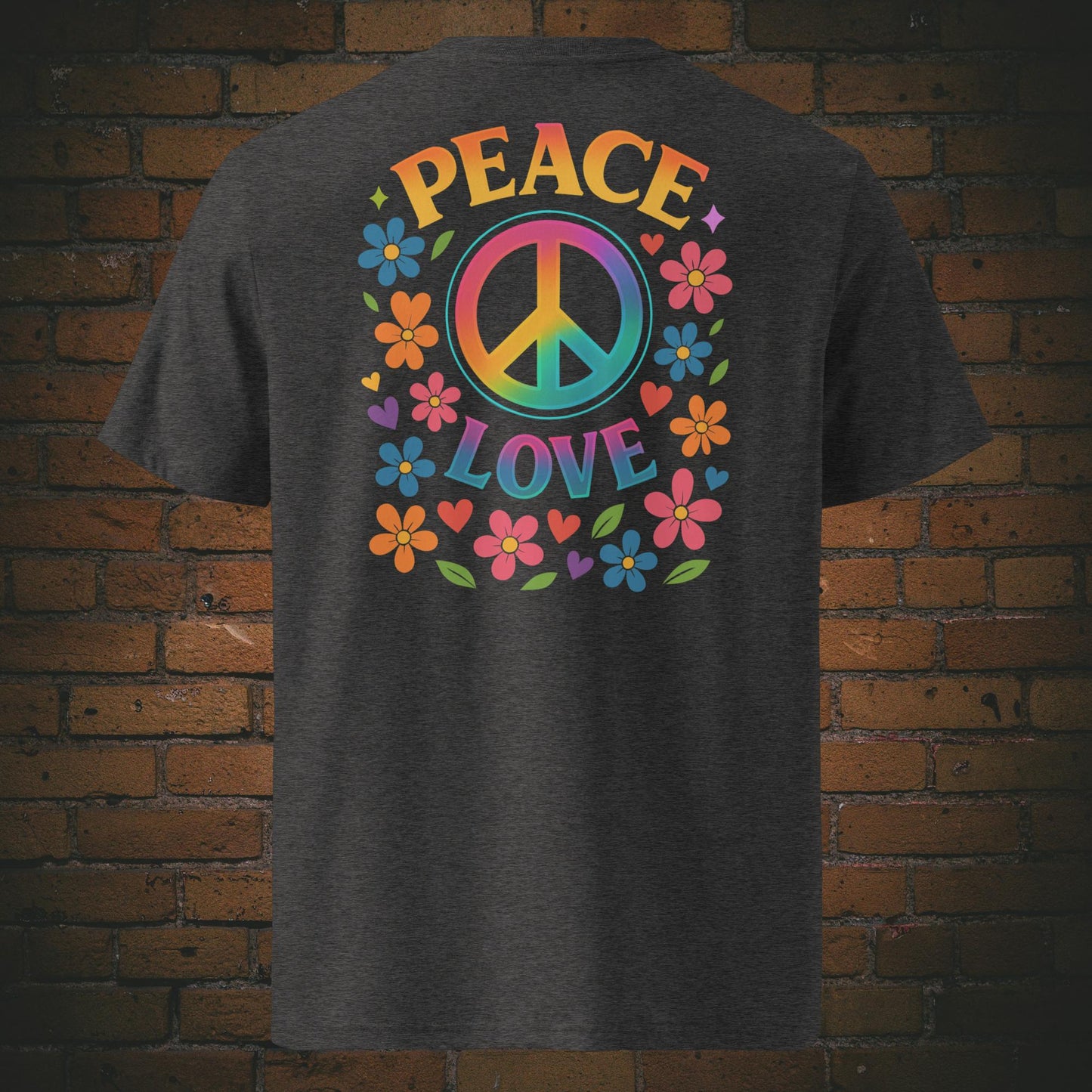 T-Shirts mit buntem Peace-Zeichen und „Peace Love“-Spruch, umgeben von Blumen und Herzen im Hippie-Stil, Front- und Rückenansicht in dunkelgrau