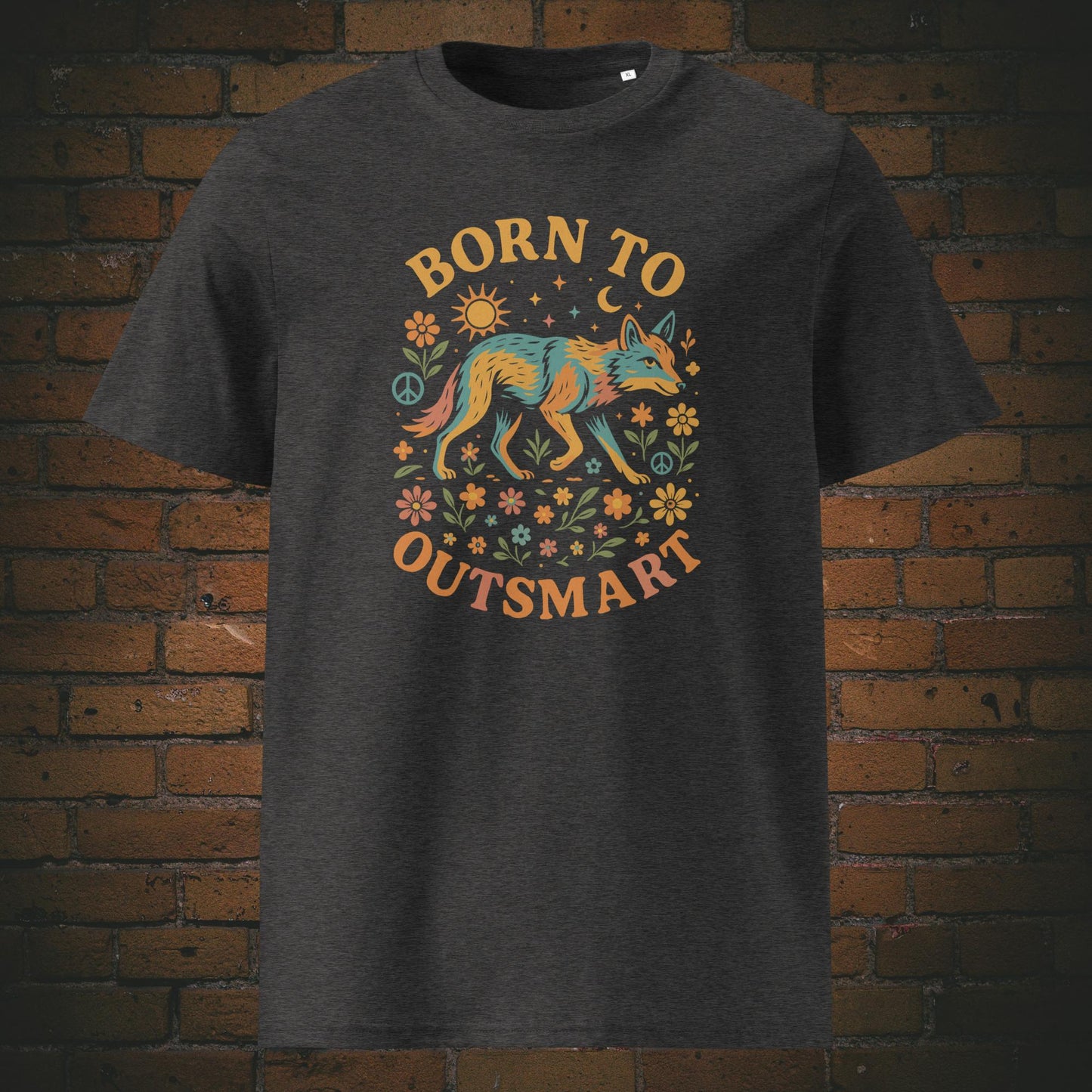 Hippie Shirt mit Coyoten und Spruch - gedruckt auf dunkelgrauen Baumwoll T-Shirt