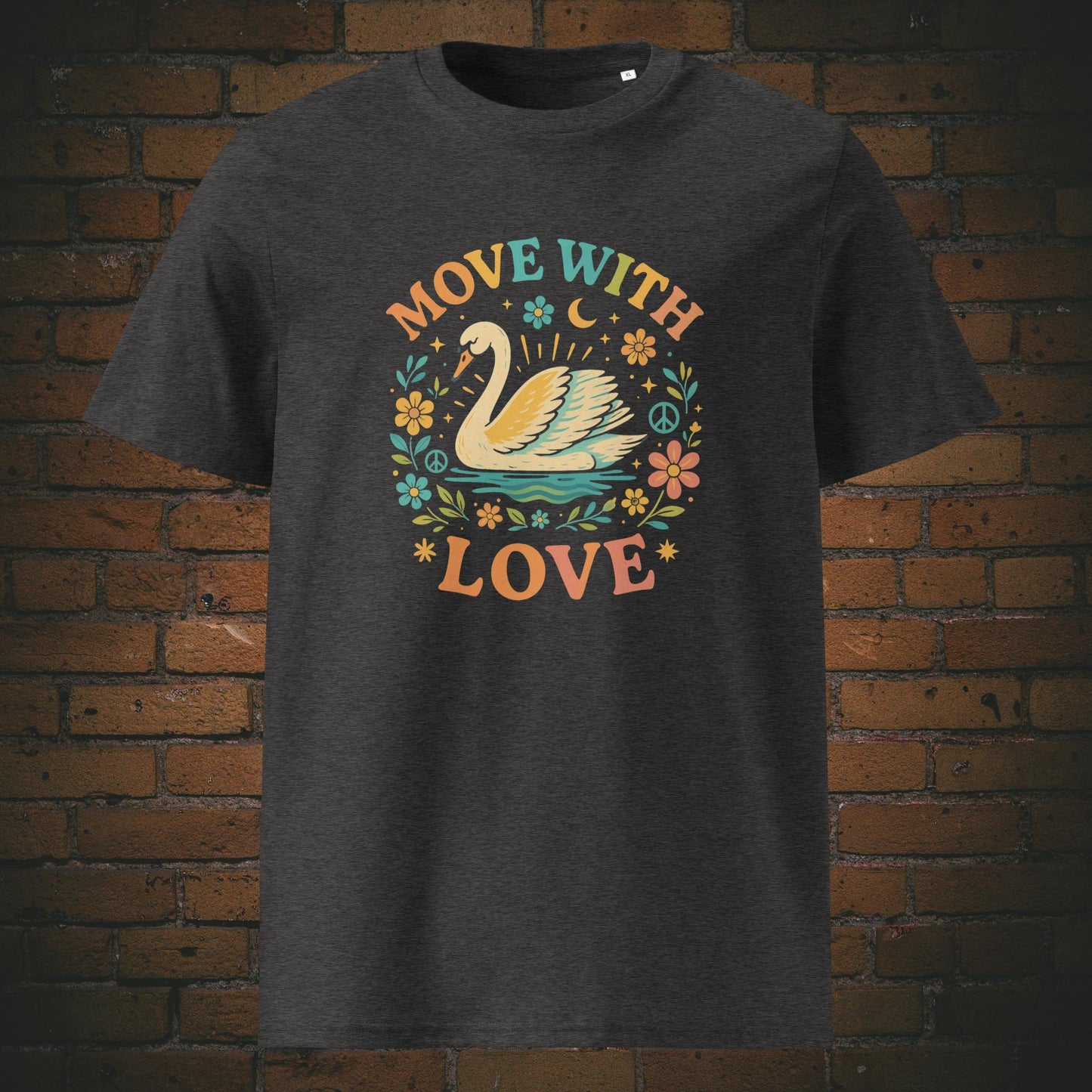 Hippie Shirt - Schwan mit Blumen und Spruch - T-Shirt hat die Farbe: dunkelgrau