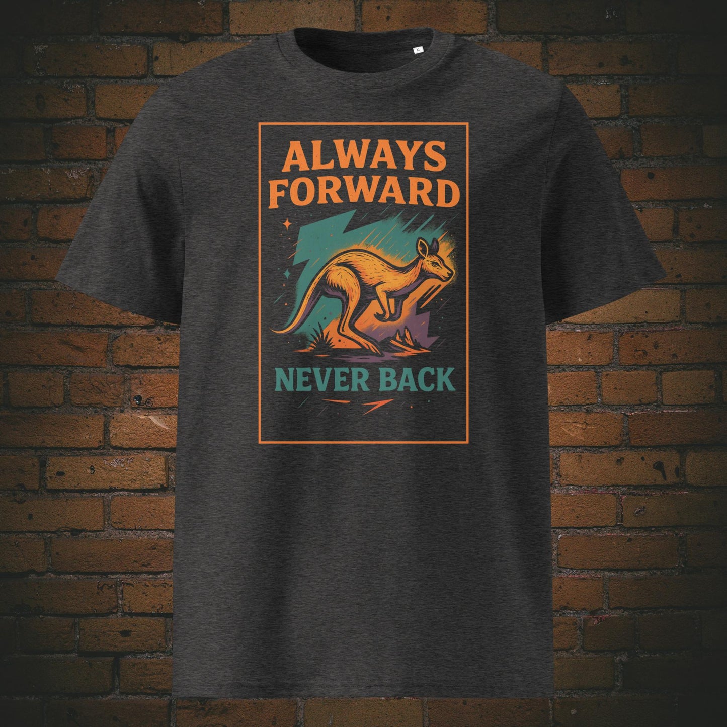 Urban Shirt mit Känguru und Spruch - helle Farben gedruckt auf dunkelgrauen T-Shirt