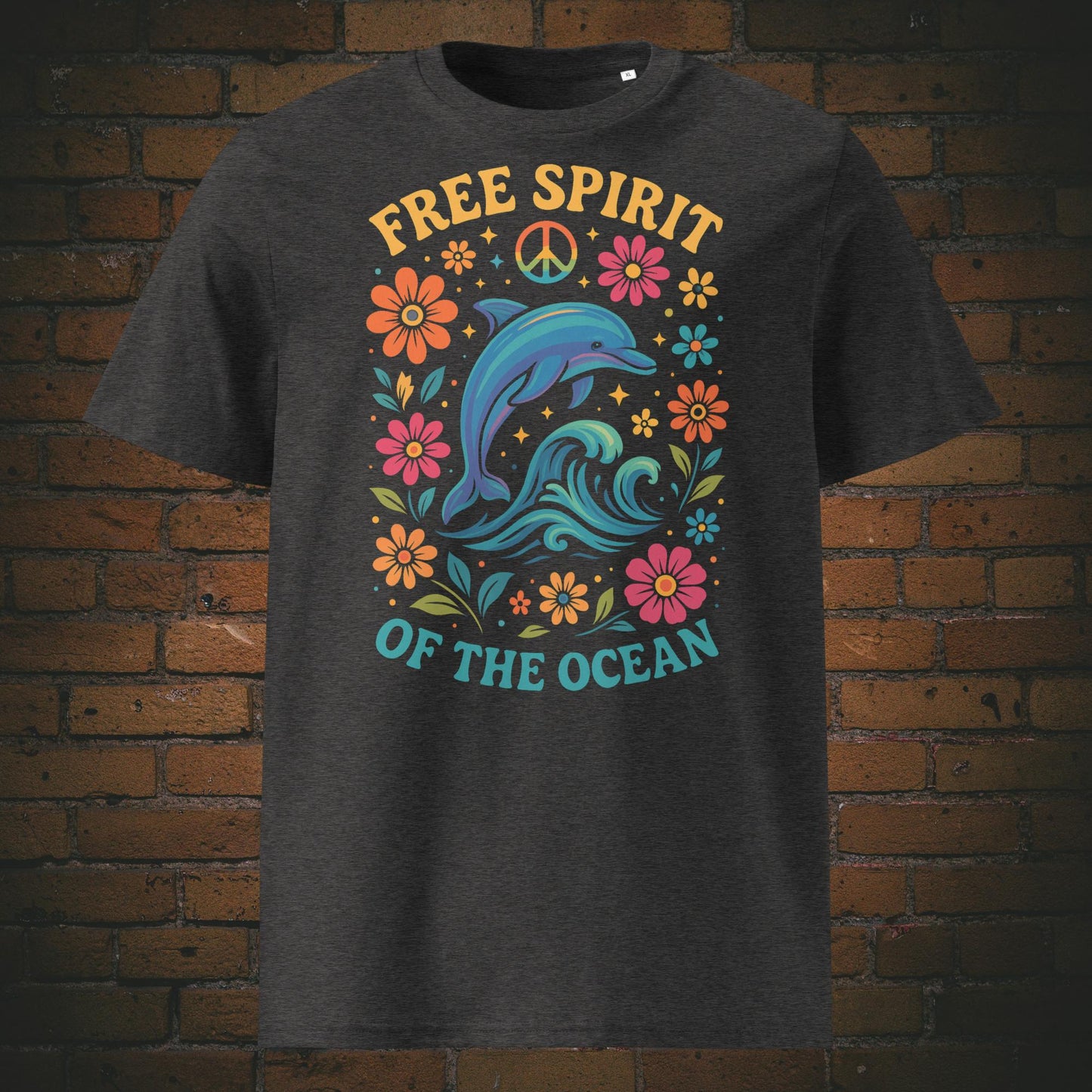 Free Spirit of the Ocean – Buntes Delfin Flower Power Bio T-Shirt Unisex - gedruckt auf Baumwolle in der Farbe: dunkelgrau