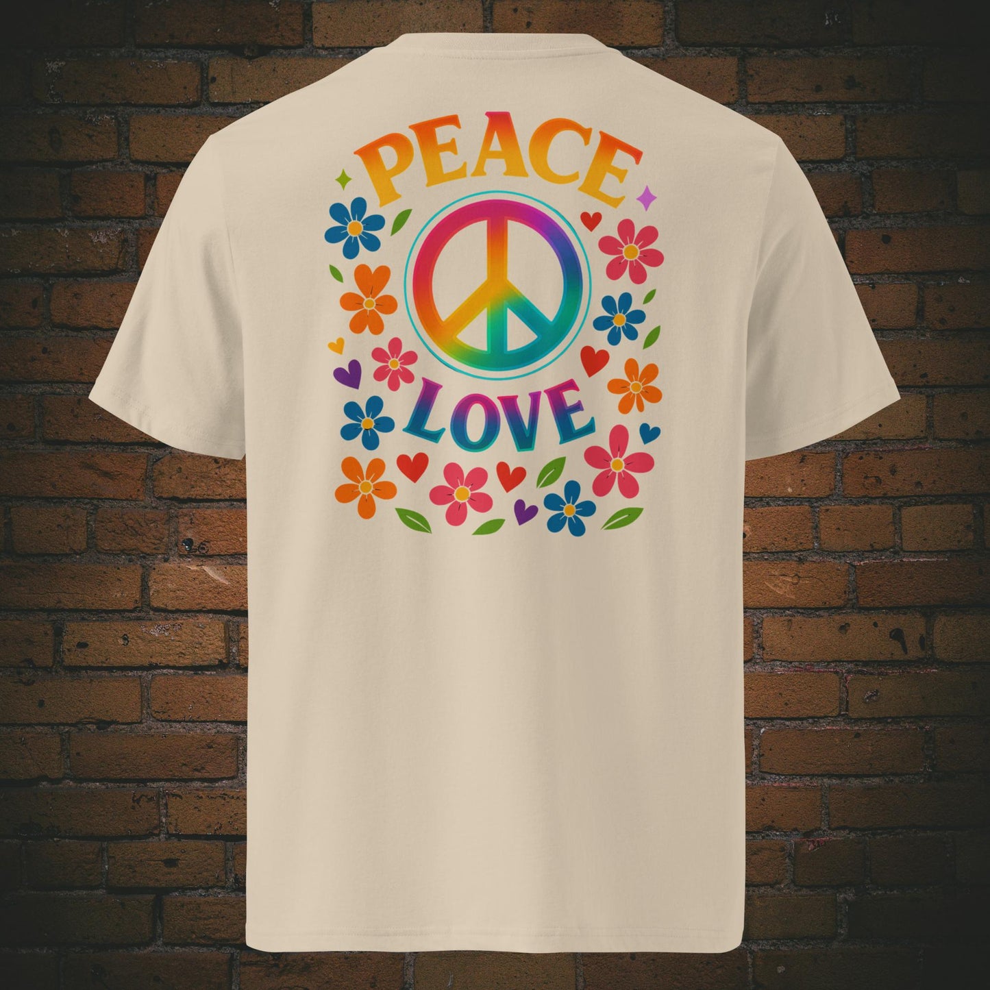 T-Shirts mit buntem Peace-Zeichen und „Peace Love“-Spruch, umgeben von Blumen und Herzen im Hippie-Stil, Front- und Rückenansicht in Sandarben