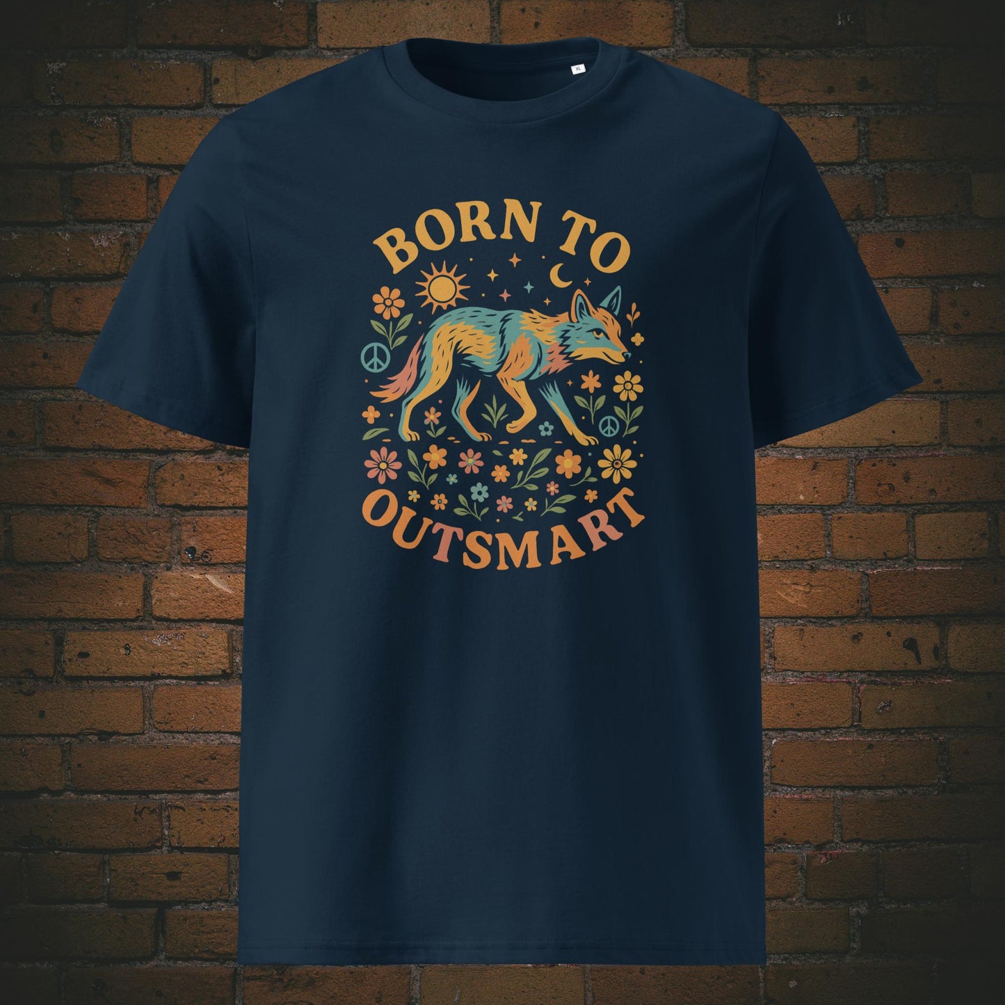 Hippie Shirt mit Coyoten und Spruch - gedruckt auf dunkelblauen Baumwoll T-Shirt