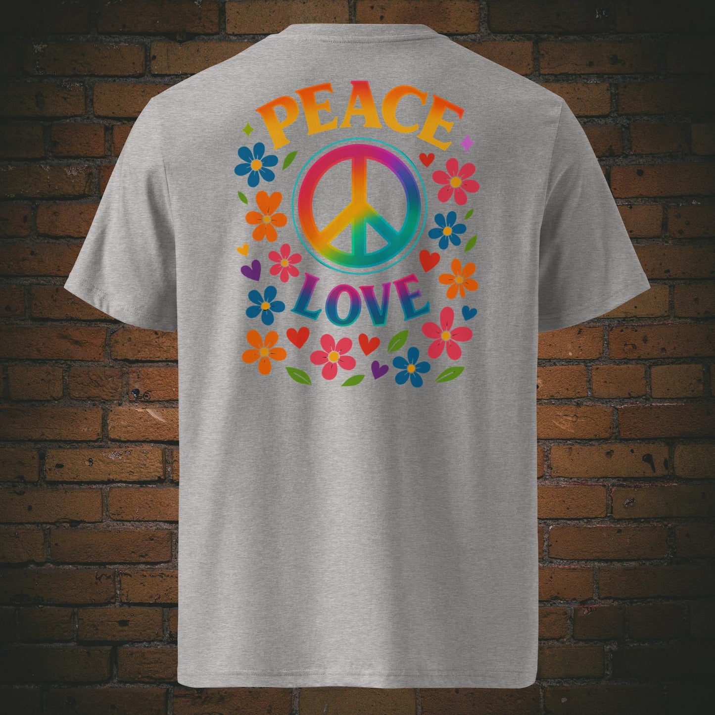 T-Shirts mit buntem Peace-Zeichen und „Peace Love“-Spruch, umgeben von Blumen und Herzen im Hippie-Stil, Front- und Rückenansicht in hellgrau
