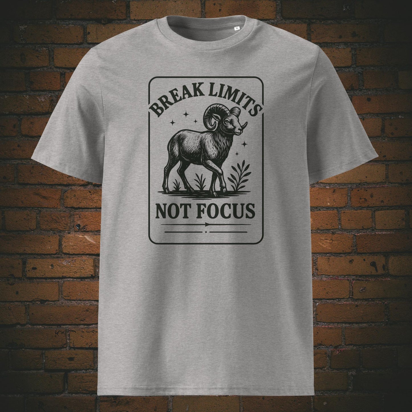 Krafttier Steinbock - minimalistisch Schwarzes Design - Spruch: Break Limits, Not Focus - gedruckt auf T-Shirt in der Farbe: hellgrau