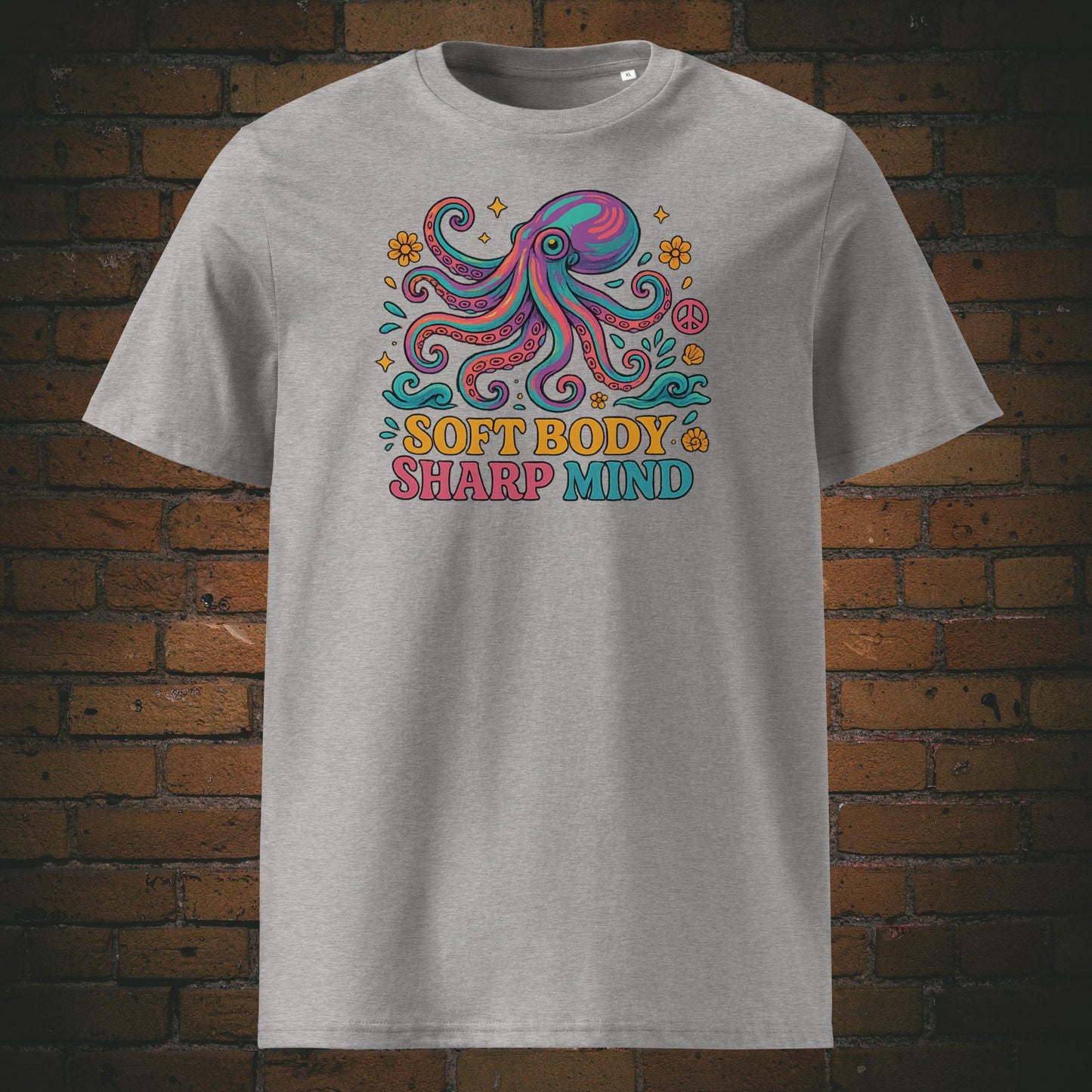 Buntes Octopus - Hippie Stil - Blumen und Schriftzug - Gedruckt auf T-Shirt in der Farbe: hellgrau