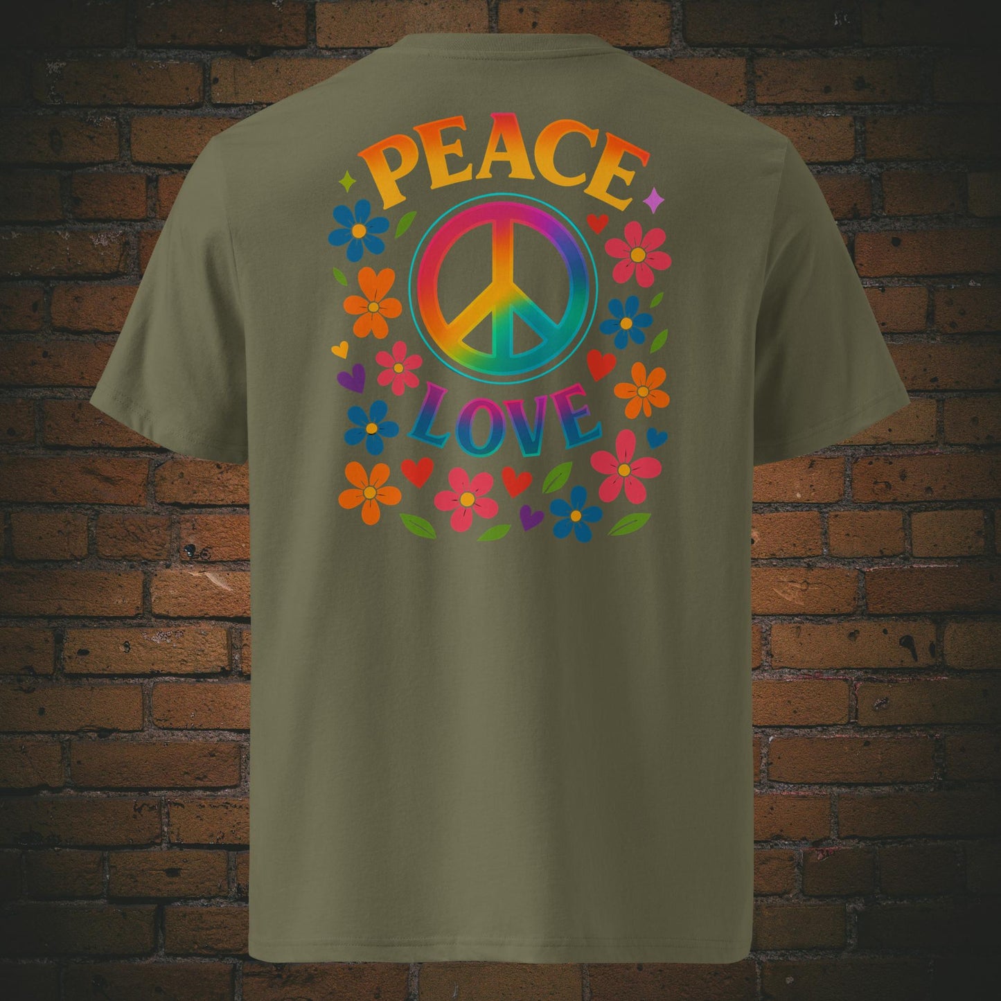T-Shirts mit buntem Peace-Zeichen und „Peace Love“-Spruch, umgeben von Blumen und Herzen im Hippie-Stil, Front- und Rückenansicht in khaki
