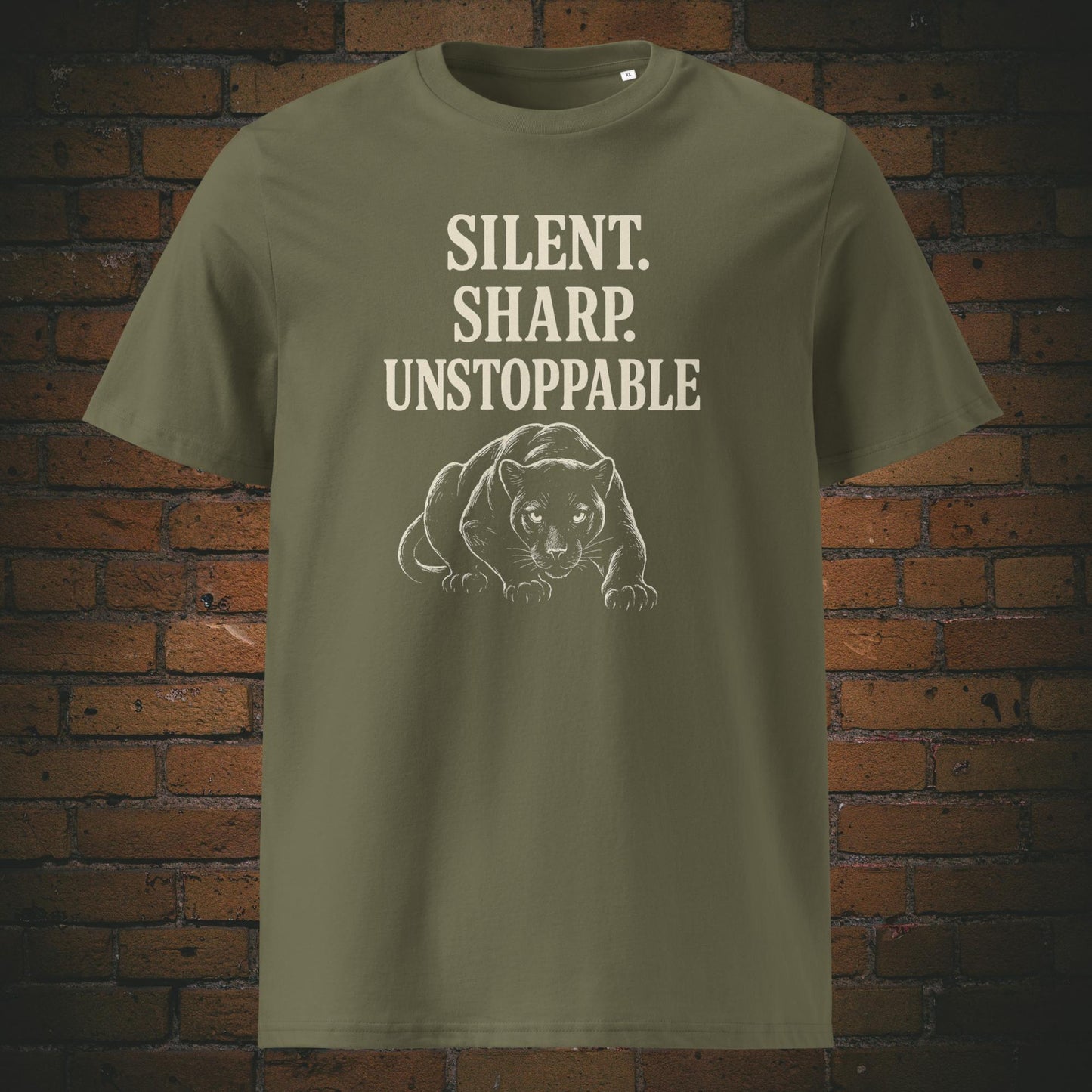T-Shirt Minimalist mit Panther un Schriftzug - Farbe: khaki