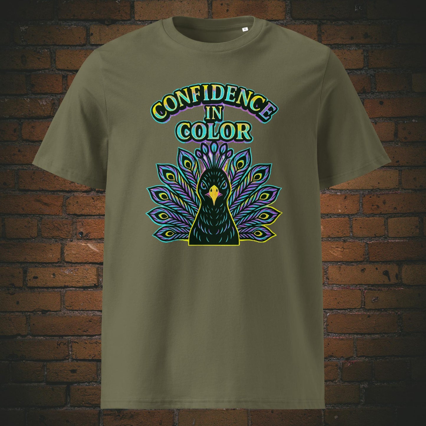 Urban Pfau Bio-T-Shirt – Confidence in Color Motiv, knallige Farben - Shirtfarbe: khaki
