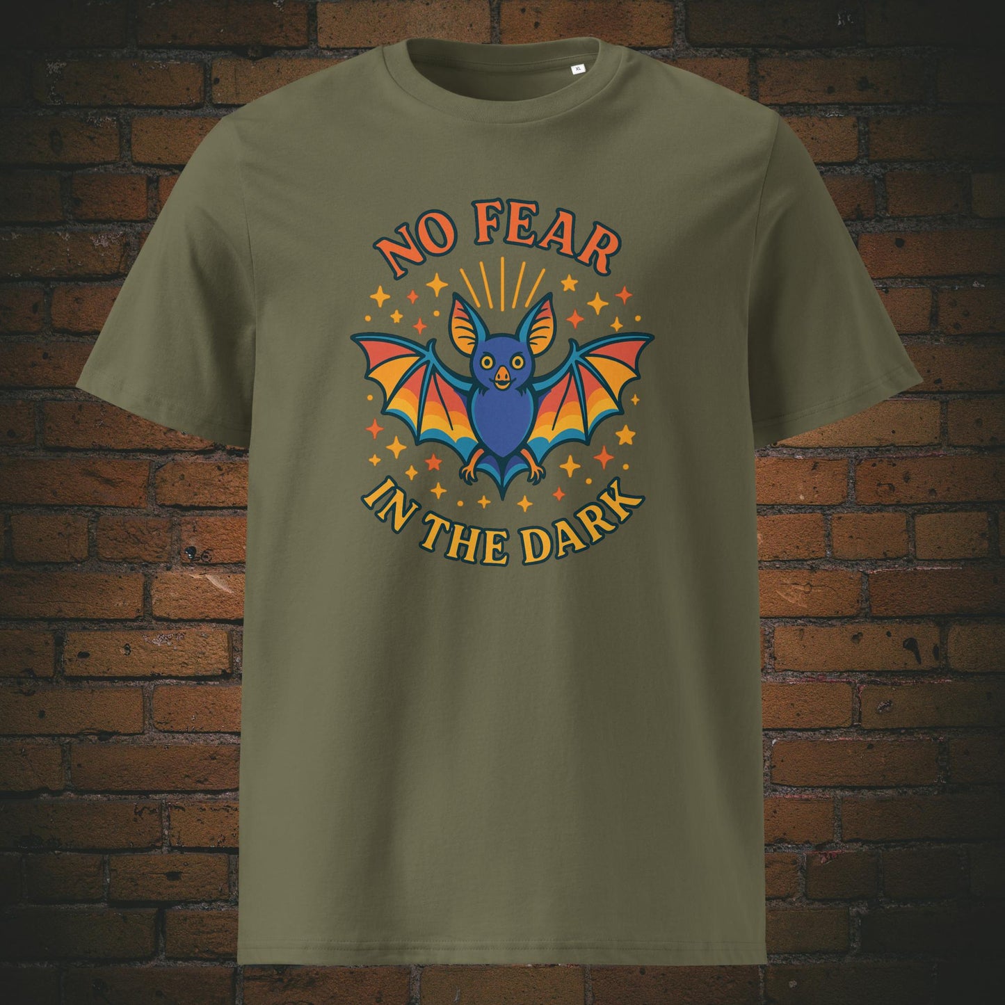 Buntes Hippie Shirt mit Fledermaus und Spruch - T-Shirt hat die Farbe: khaki