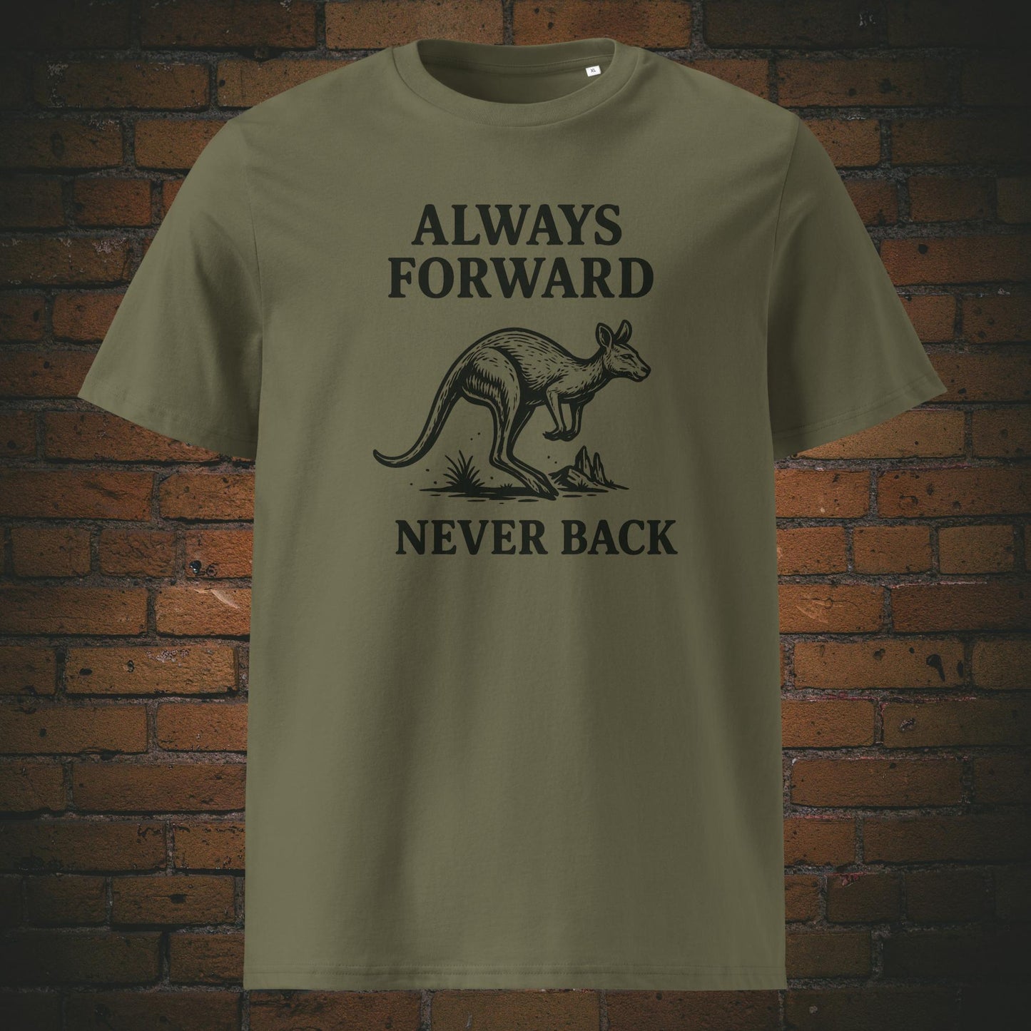 Krafttier Känguru T-Shirt mit Spruch gedruckt auf khaki Bio-Baumwolle
