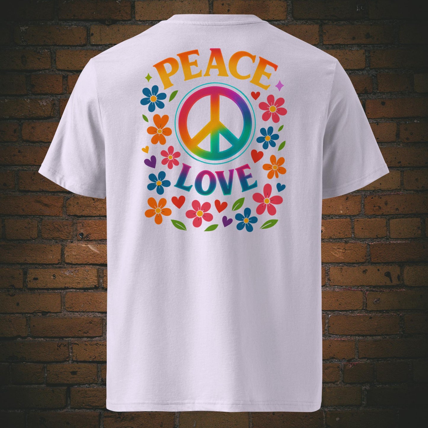 T-Shirts mit buntem Peace-Zeichen und „Peace Love“-Spruch, umgeben von Blumen und Herzen im Hippie-Stil, Front- und Rückenansicht in lavendel farben