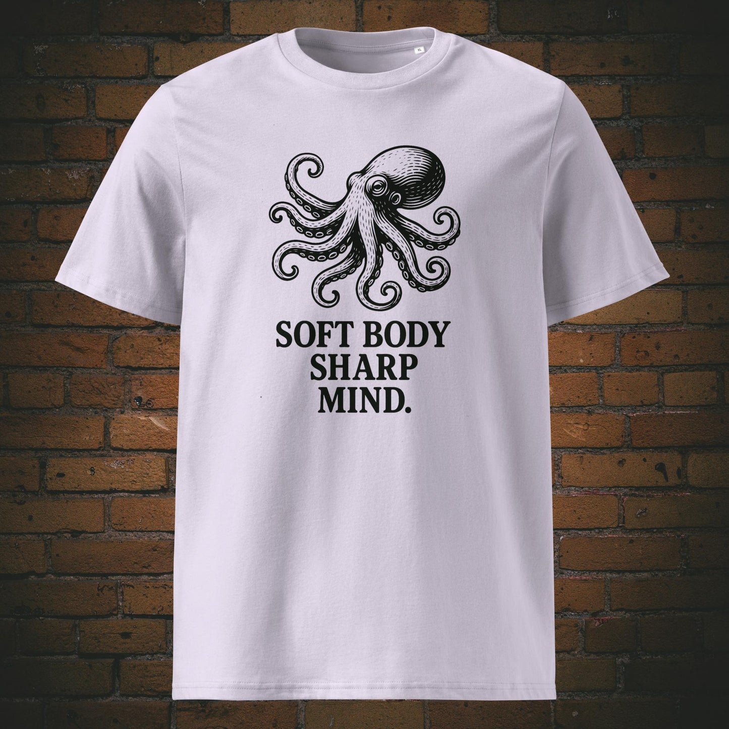 T-Shirt mit dem Krafttier Octopus Minimalistisch schwarz auf Baumwolle gedruckt Farbe lavendel